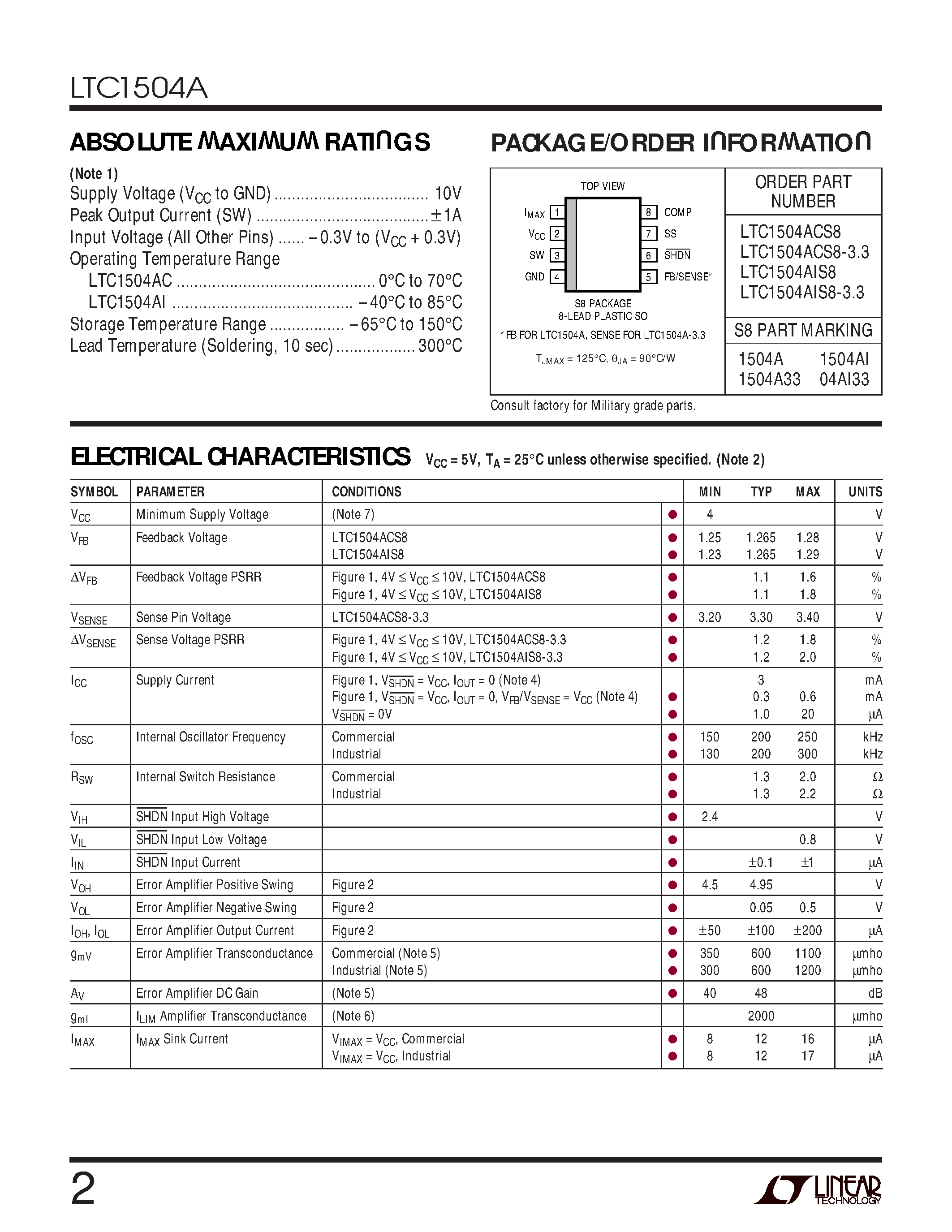 Datasheet LTC1504ACS8-3.3 page 2 Datasheet LTC1504ACS8-3.3 - 500mA Low Voltage Step-Down Synchronous Switching Regulator page 2