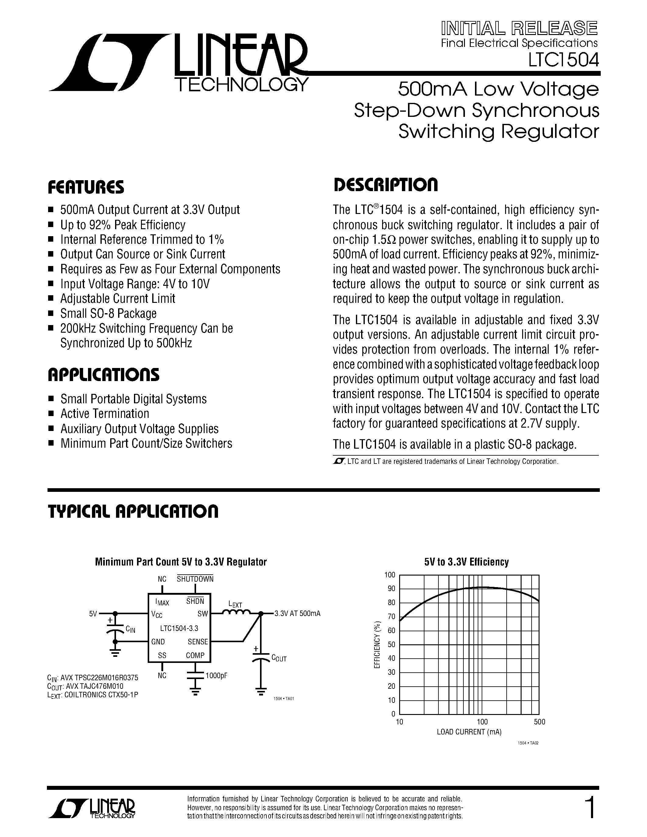 Datasheet LTC1504CS8-3.3 page 1 Datasheet LTC1504CS8-3.3 - 500mA Low Voltage Step-Down Synchronous Switching Regulator page 1