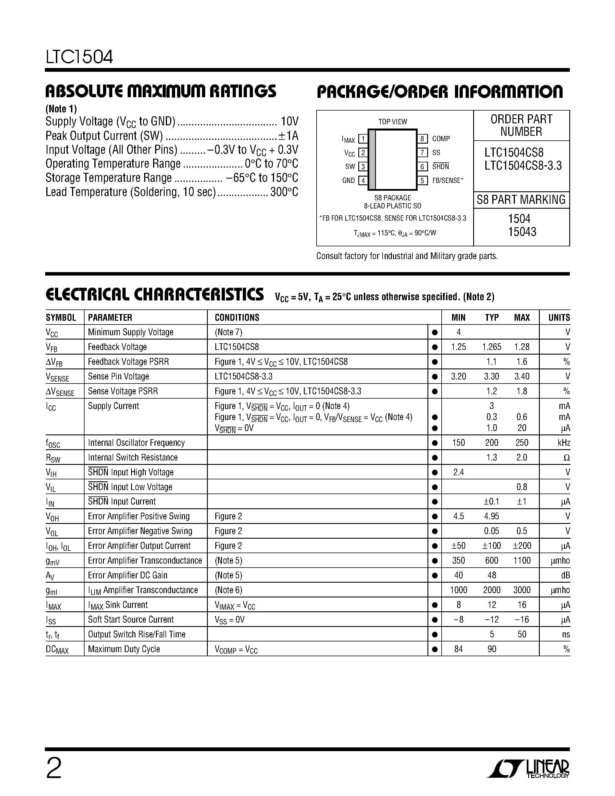 Datasheet LTC1504CS8-3.3 page 2 Datasheet LTC1504CS8-3.3 - 500mA Low Voltage Step-Down Synchronous Switching Regulator page 2
