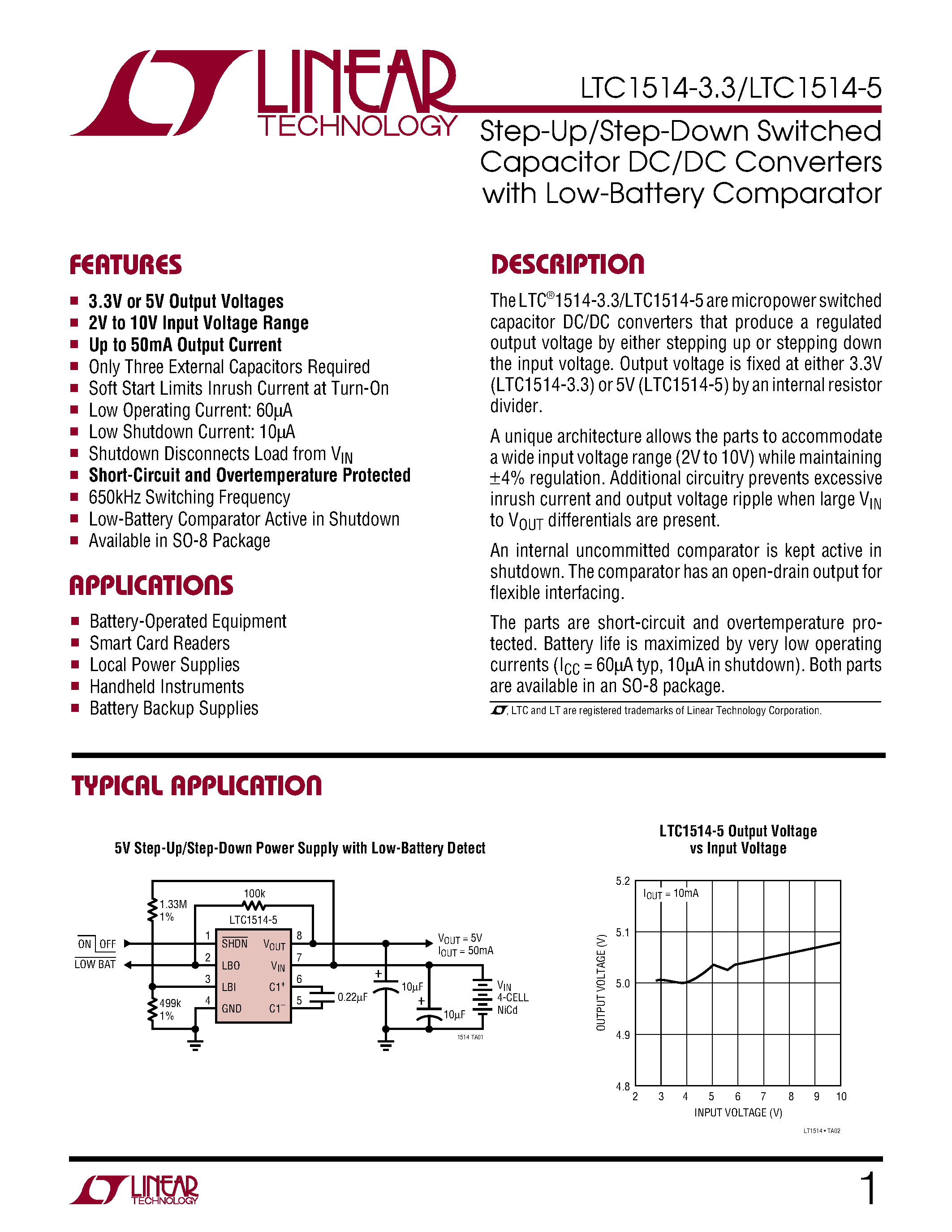 Даташит LTC1514IS8-5 - Step-Up/Step-Down Switched Capacitor DC/DC Converters with Low-Battery Comparator страница 1