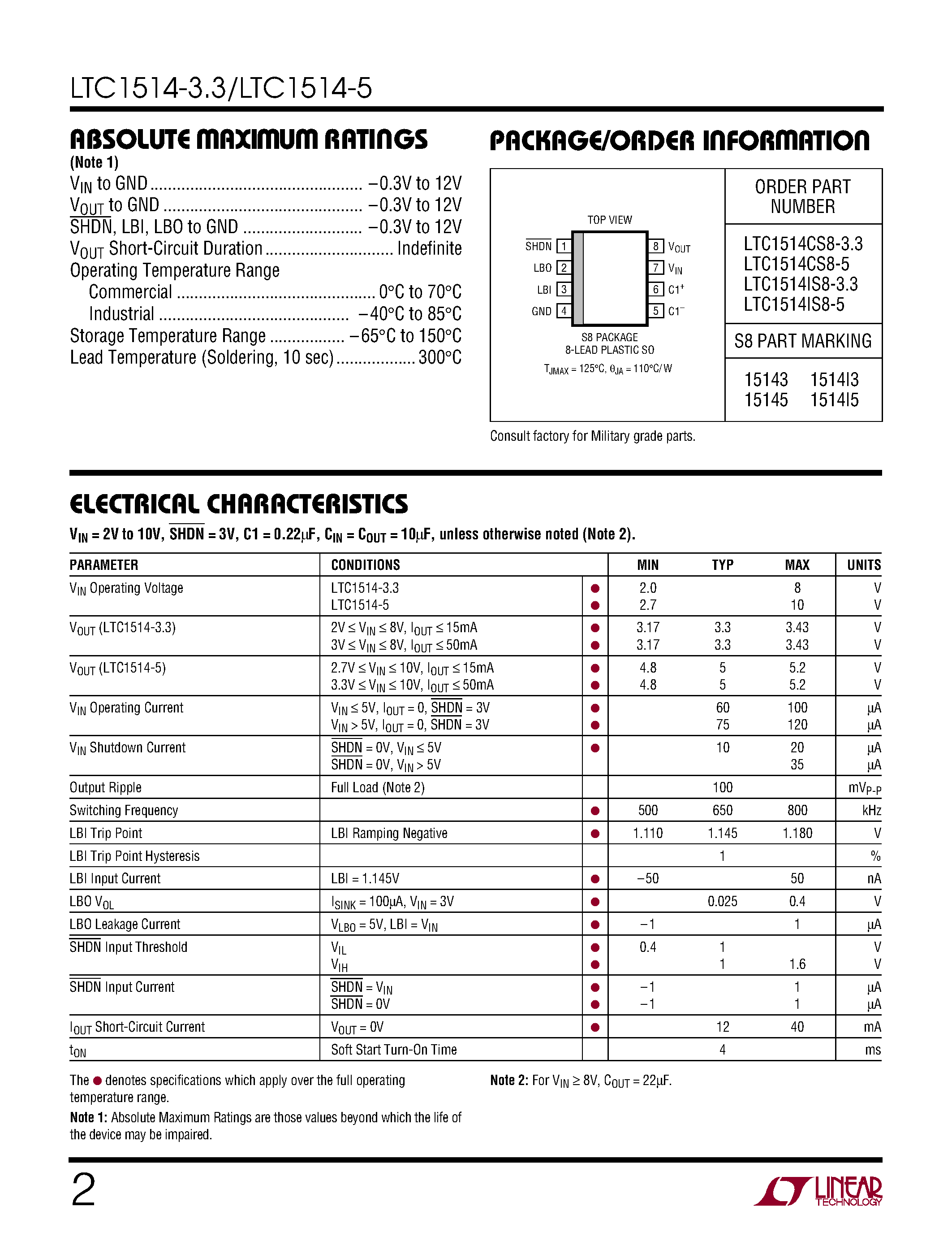 Даташит LTC1514IS8-5 - Step-Up/Step-Down Switched Capacitor DC/DC Converters with Low-Battery Comparator страница 2