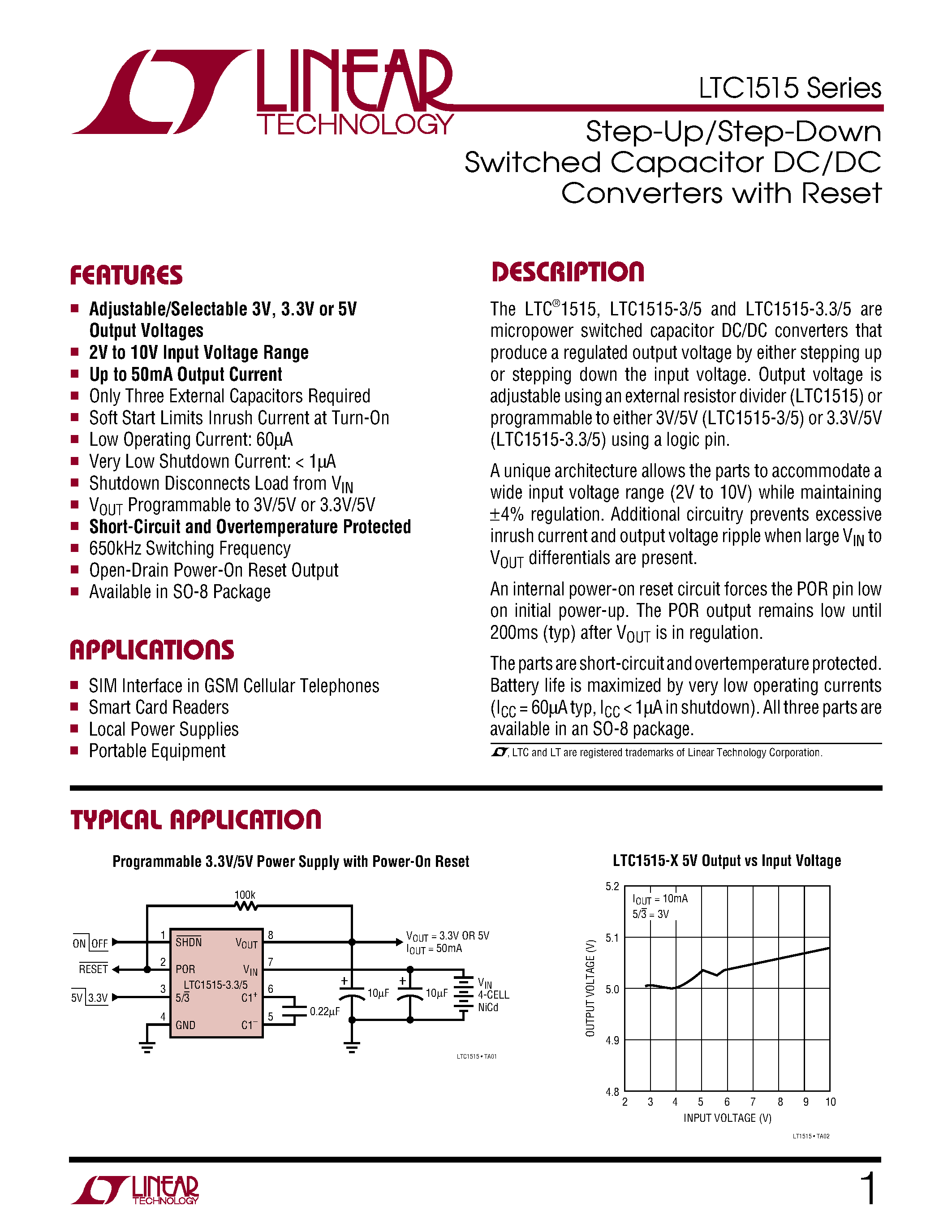 Даташит LTC1515IS8-3/5 - Step-Up/Step-Down Switched Capacitor DC/DC Converters with Reset страница 1