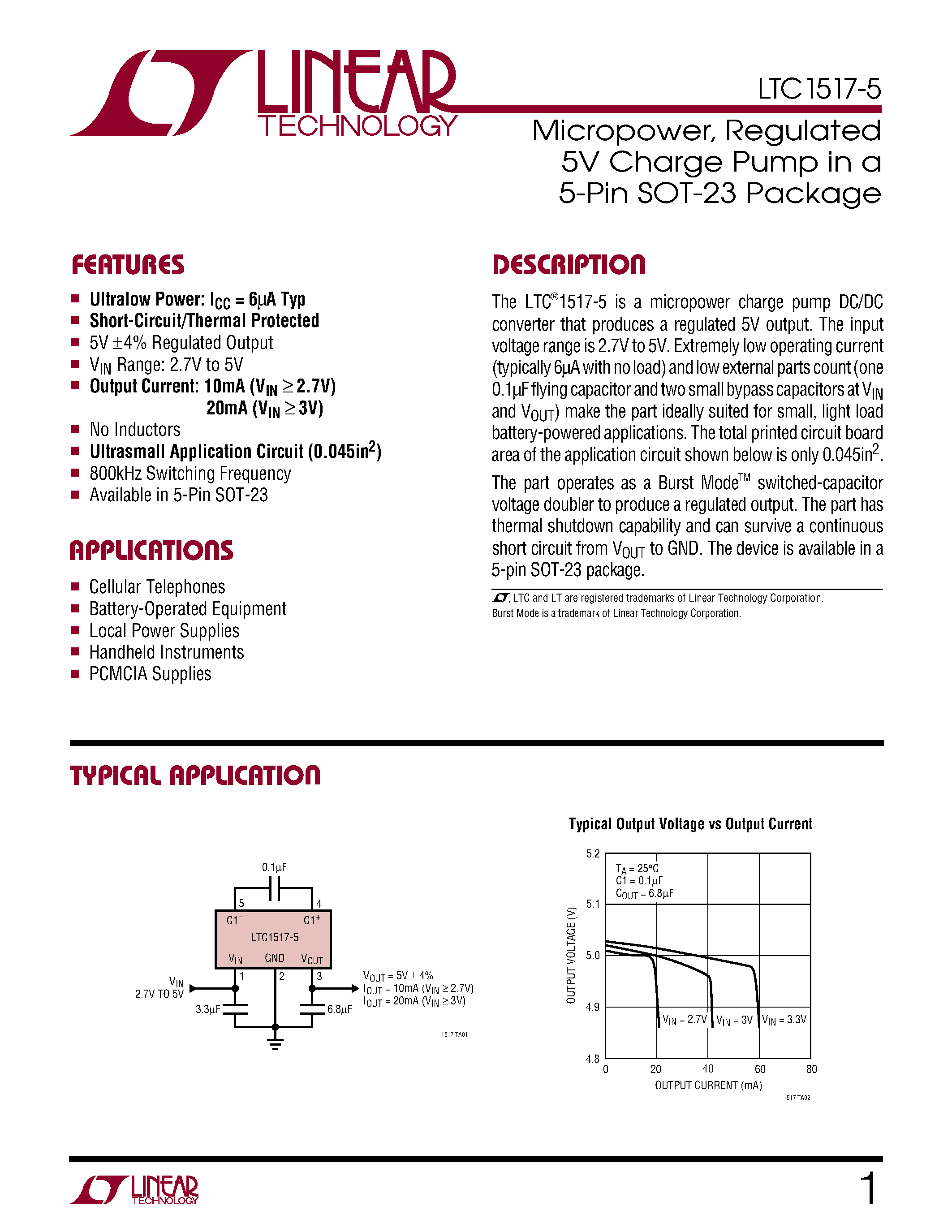 Даташит LTC1517-5 - Micropower/ Regulated 5V Charge Pump in a 5-Pin SOT-23 Package страница 1
