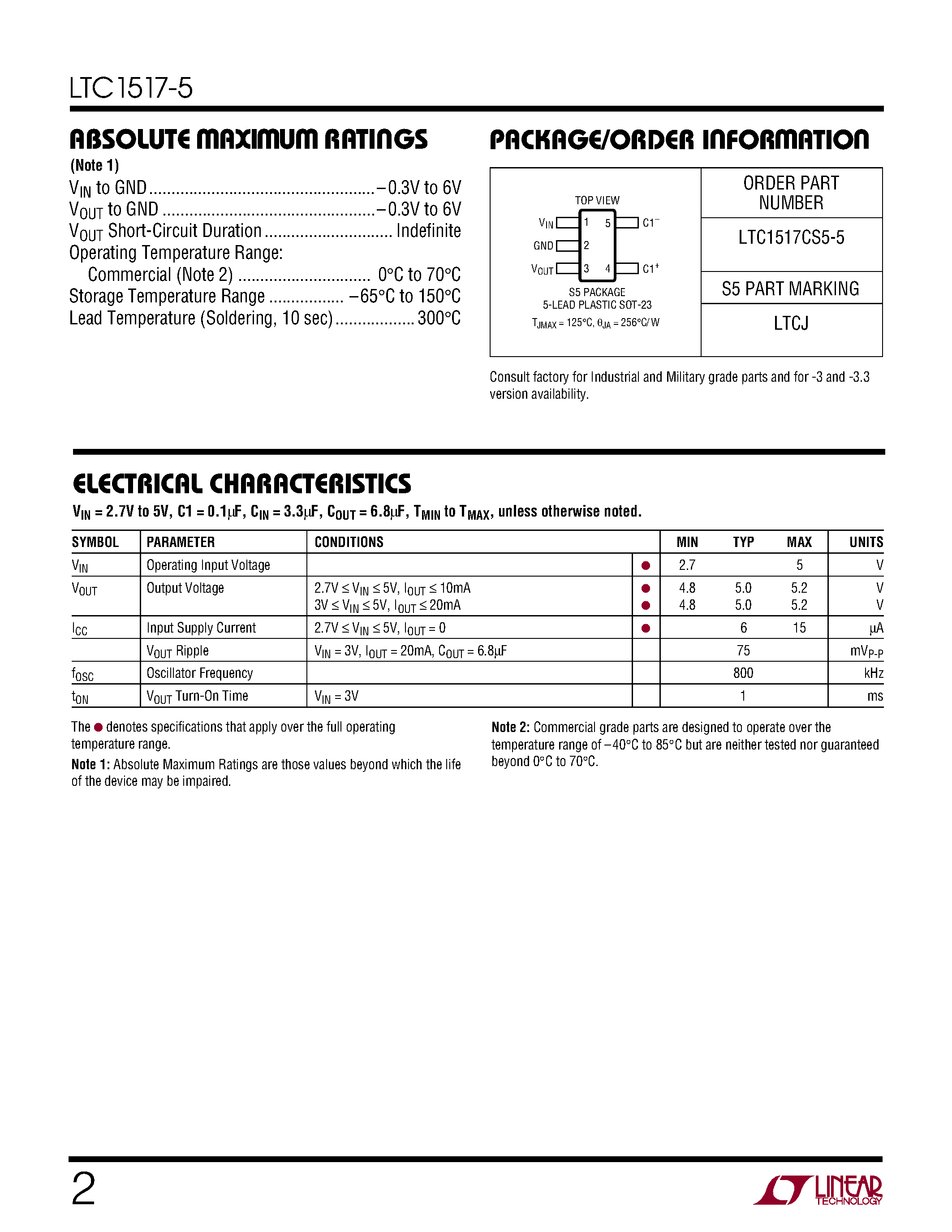 Datasheet LTC1517CS5-5 - Micropower/ Regulated 5V Charge Pump in a 5-Pin SOT-23 Package page 2
