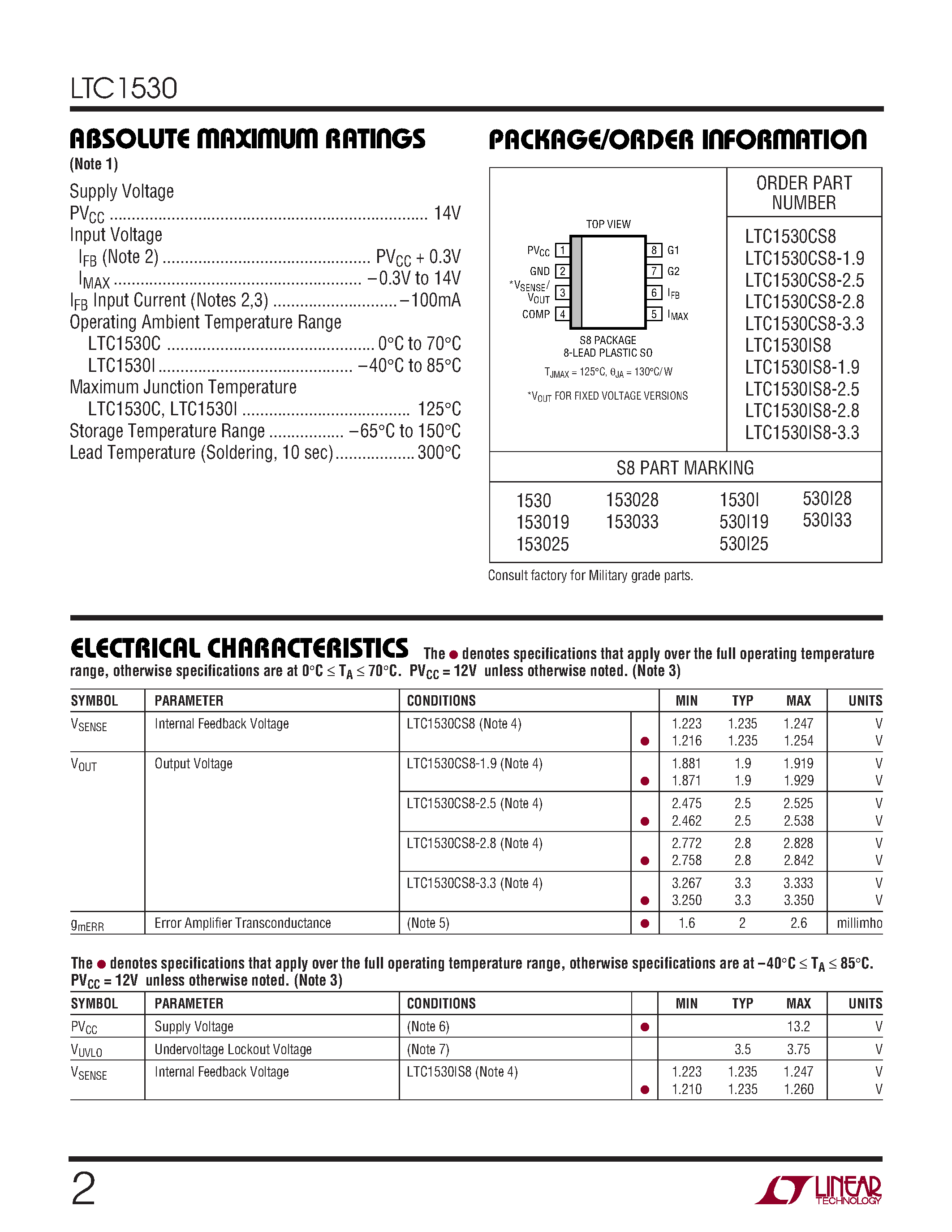 Datasheet LTC1530IS8-2.8 - High Power Synchronous Switching Regulator Controller page 2