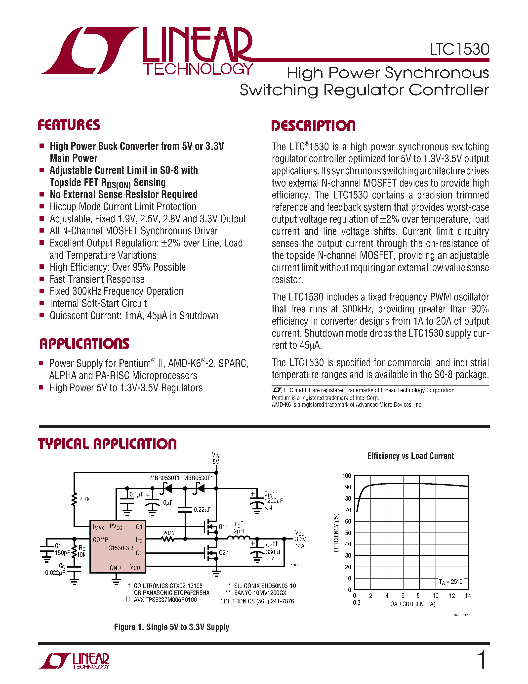 Datasheet LTC1530IS8-3.3 - High Power Synchronous Switching Regulator Controller page 1