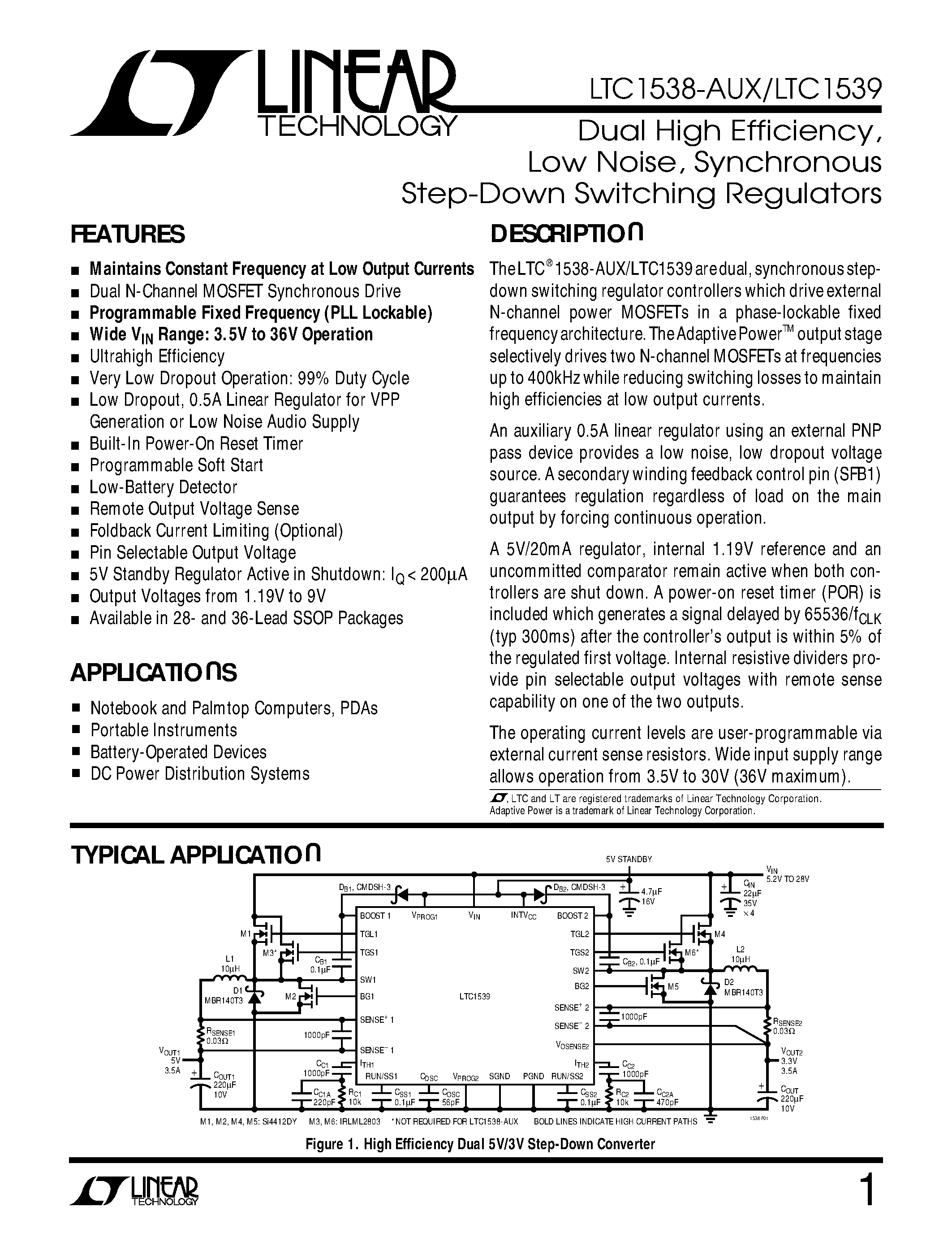 Datasheet LTC1539IGW - Dual High Efficiency/ Low Noise/ Synchronous Step-Down Switching Regulators page 1