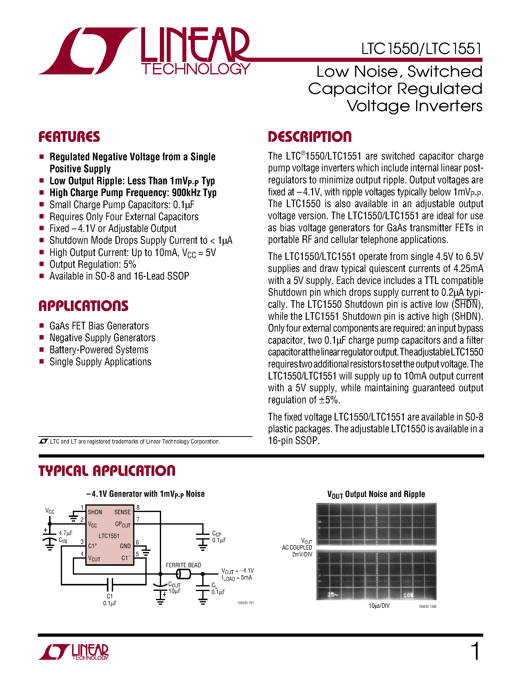 Datasheet LTC1550 - Low Noise/ Switched Capacitor Regulated Voltage Inverters page 1