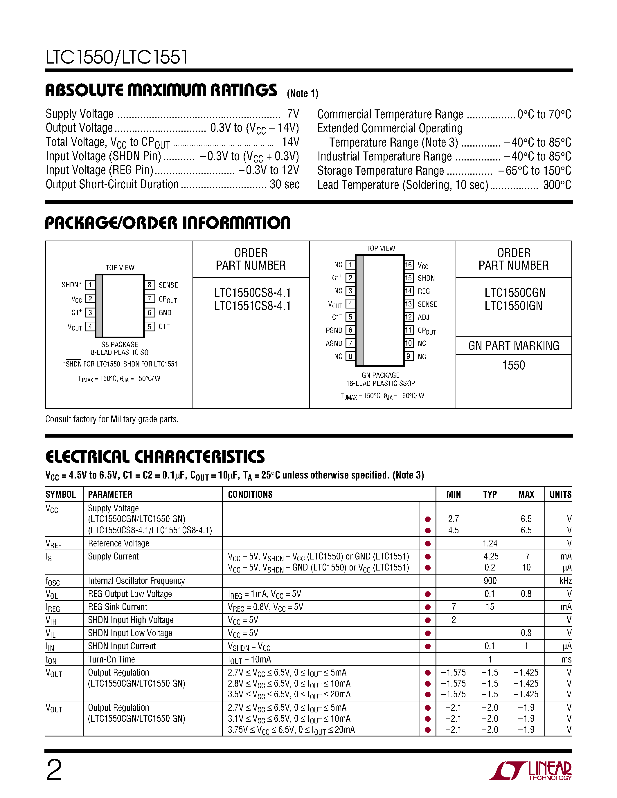 Datasheet LTC1550 - Low Noise/ Switched Capacitor Regulated Voltage Inverters page 2