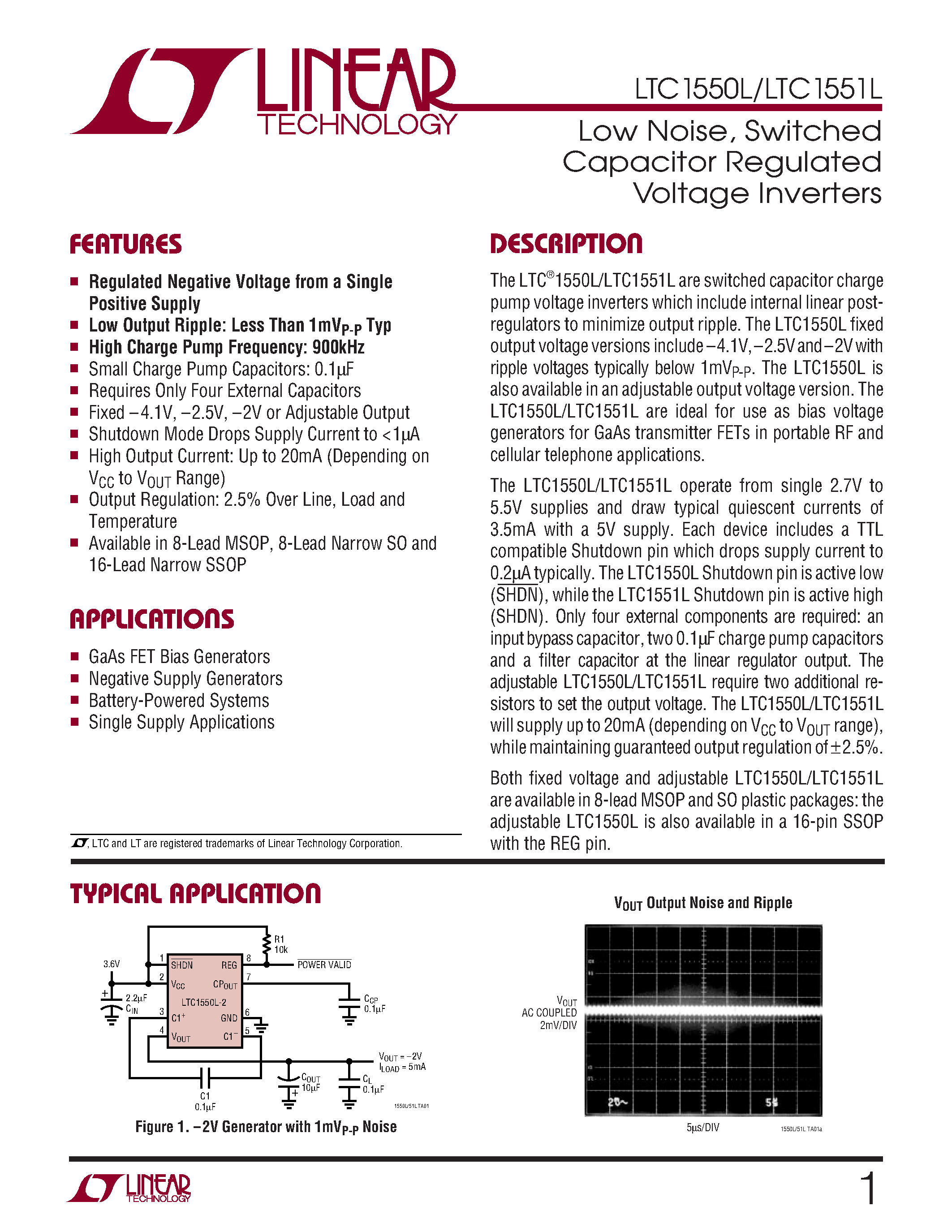 Даташит LTC1550LCMS8-4.1 - Low Noise/ Switched Capacitor Regulated Voltage Inverters страница 1