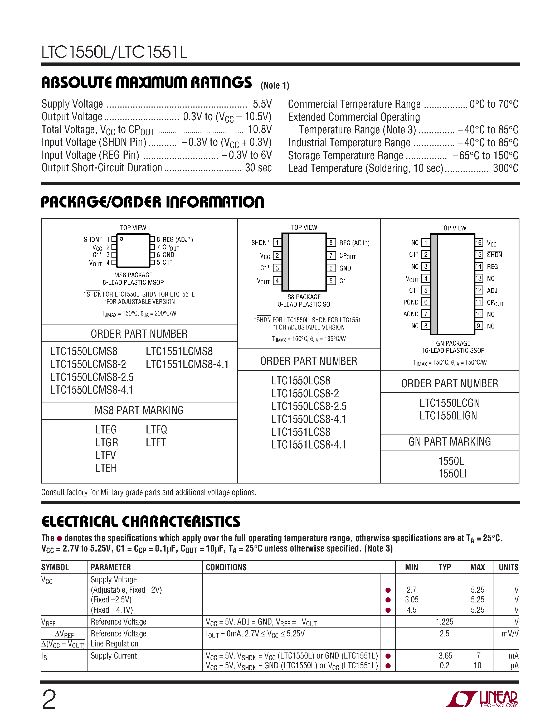 Datasheet LTC1550LCS8-2 - Low Noise/ Switched Capacitor Regulated Voltage Inverters page 2