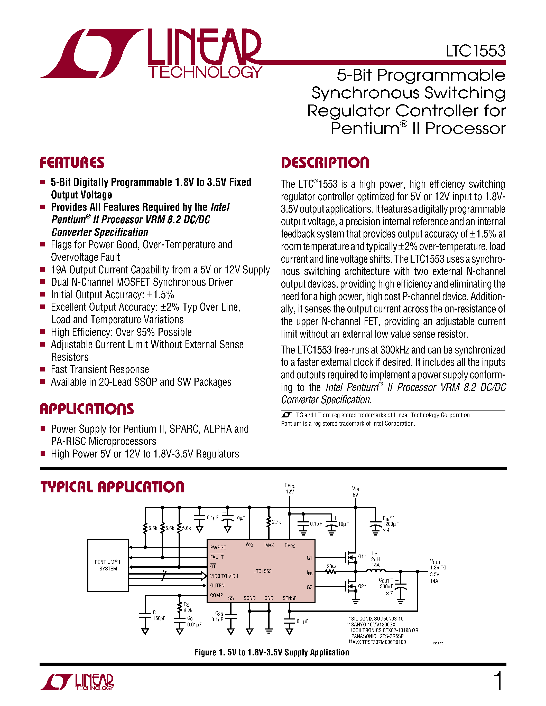 Datasheet LTC1553CSW page 1 Datasheet LTC1553CSW - 5-Bit Programmable Synchronous Switching Regulator Controller for Pentium II Processor page 1