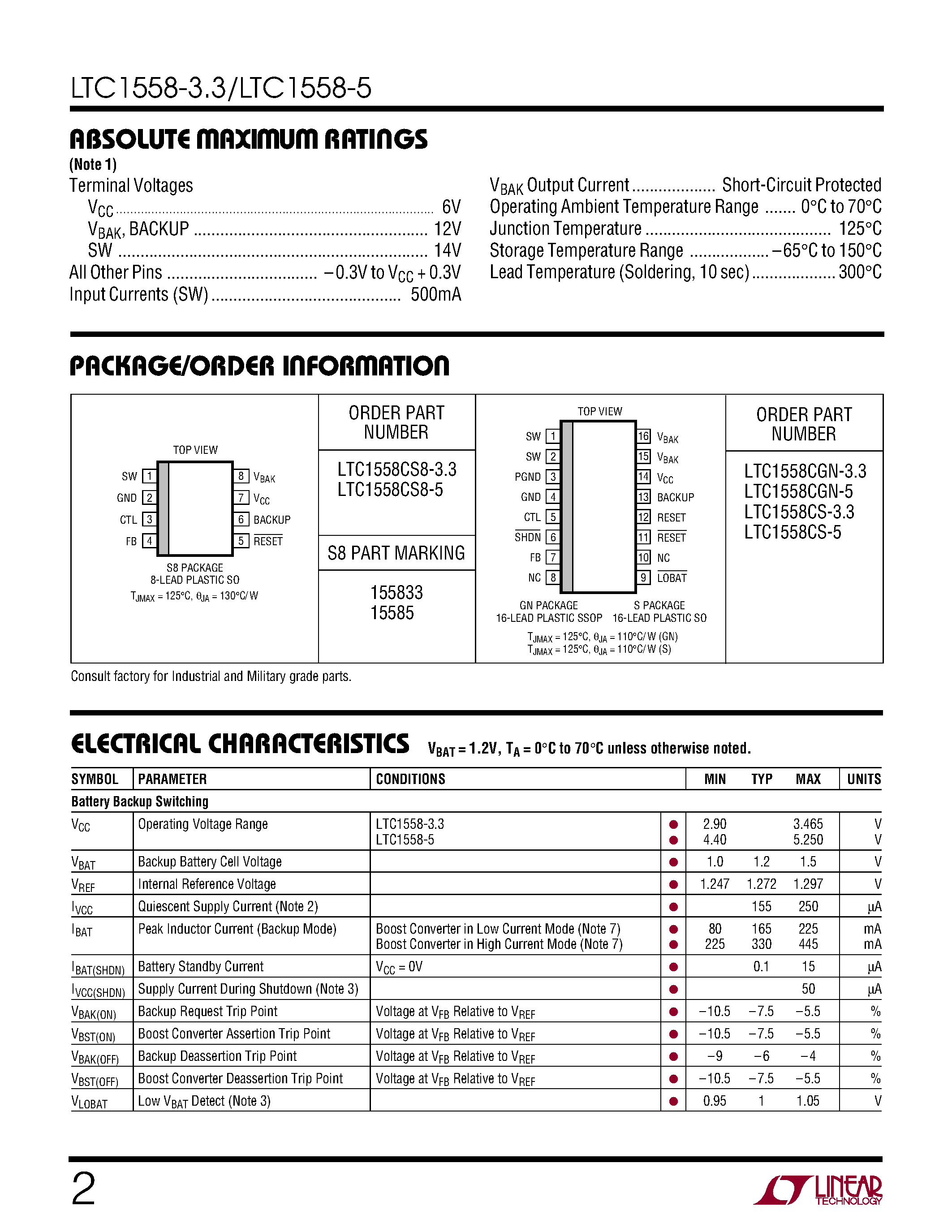 Datasheet LTC1558CGN-3.3 - Backup Battery Controller with Programmable Output page 2
