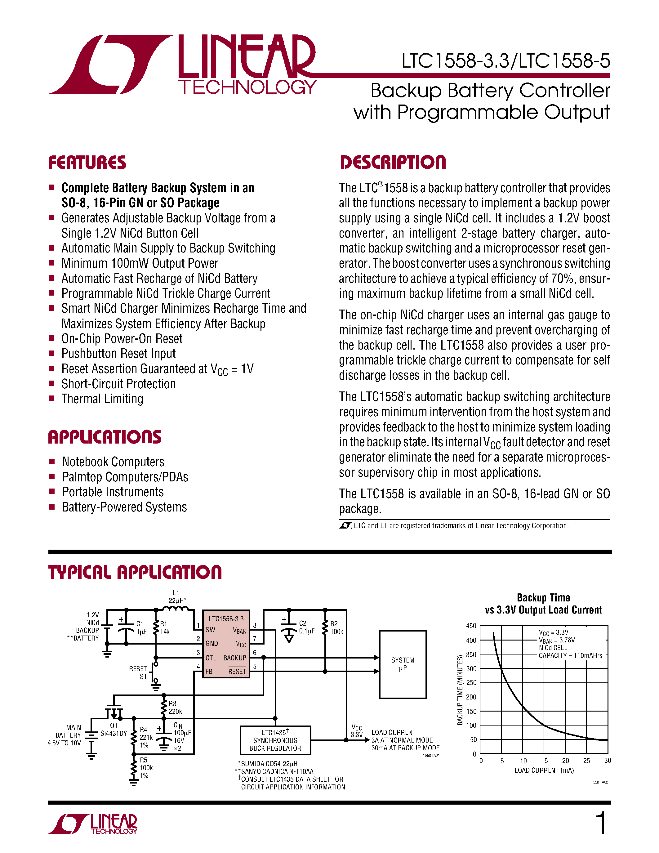 Datasheet LTC1558CS-3.3 page 1 Datasheet LTC1558CS-3.3 - Backup Battery Controller with Programmable Output page 1