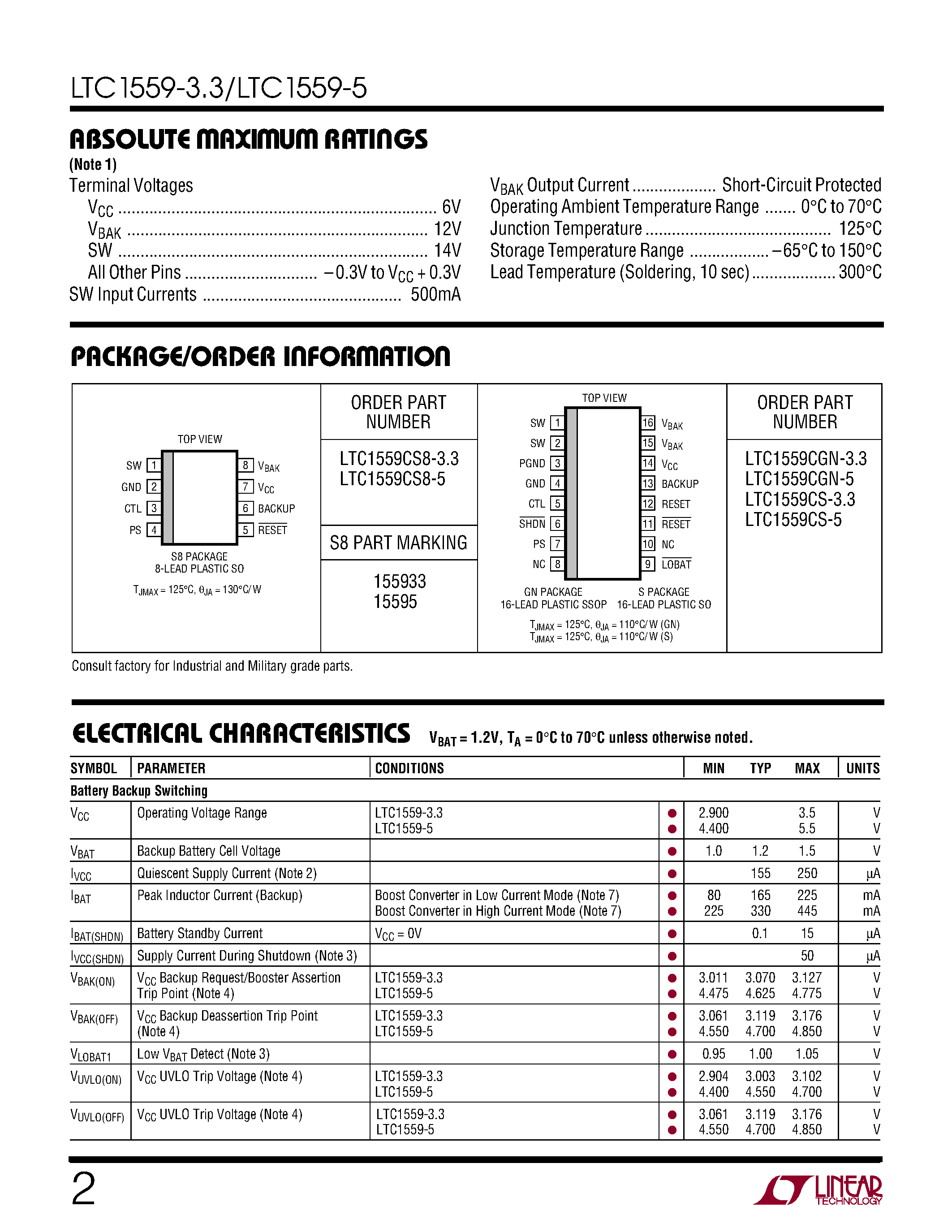 Datasheet LTC1559-3.3 - Backup Battery Controller with Fixed Output page 2