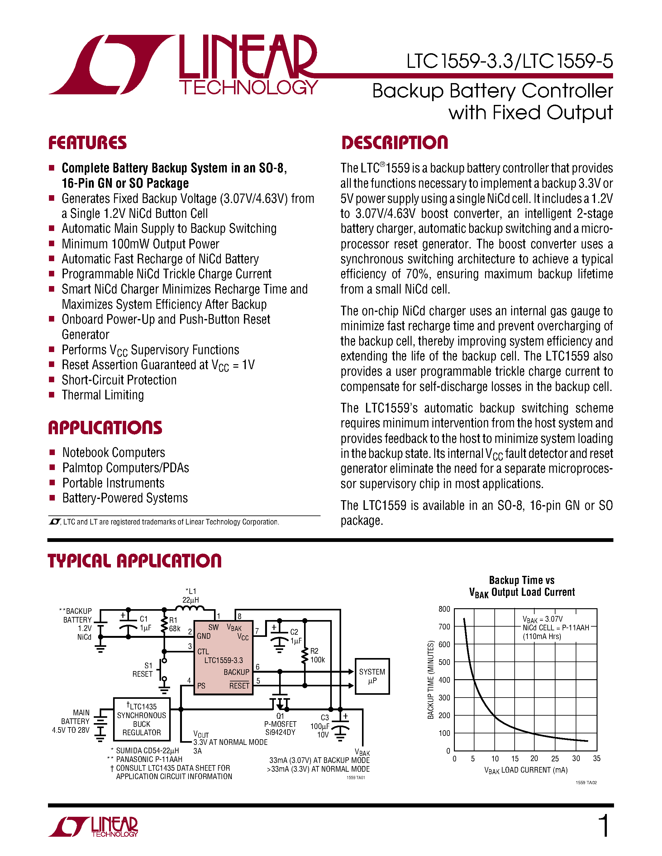Datasheet LTC1559CGN-3.3 - Backup Battery Controller with Fixed Output page 1