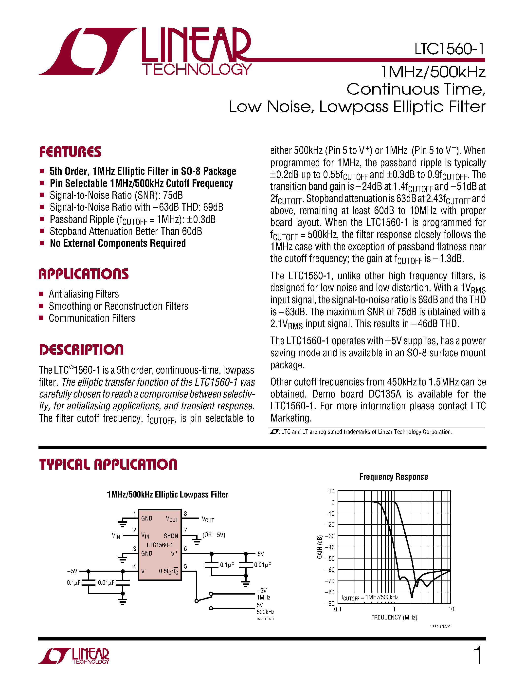 Даташит LTC1560-1 - 1MHz/500kHz Continuous Time/ Low Noise/ Lowpass Elliptic Filter страница 1