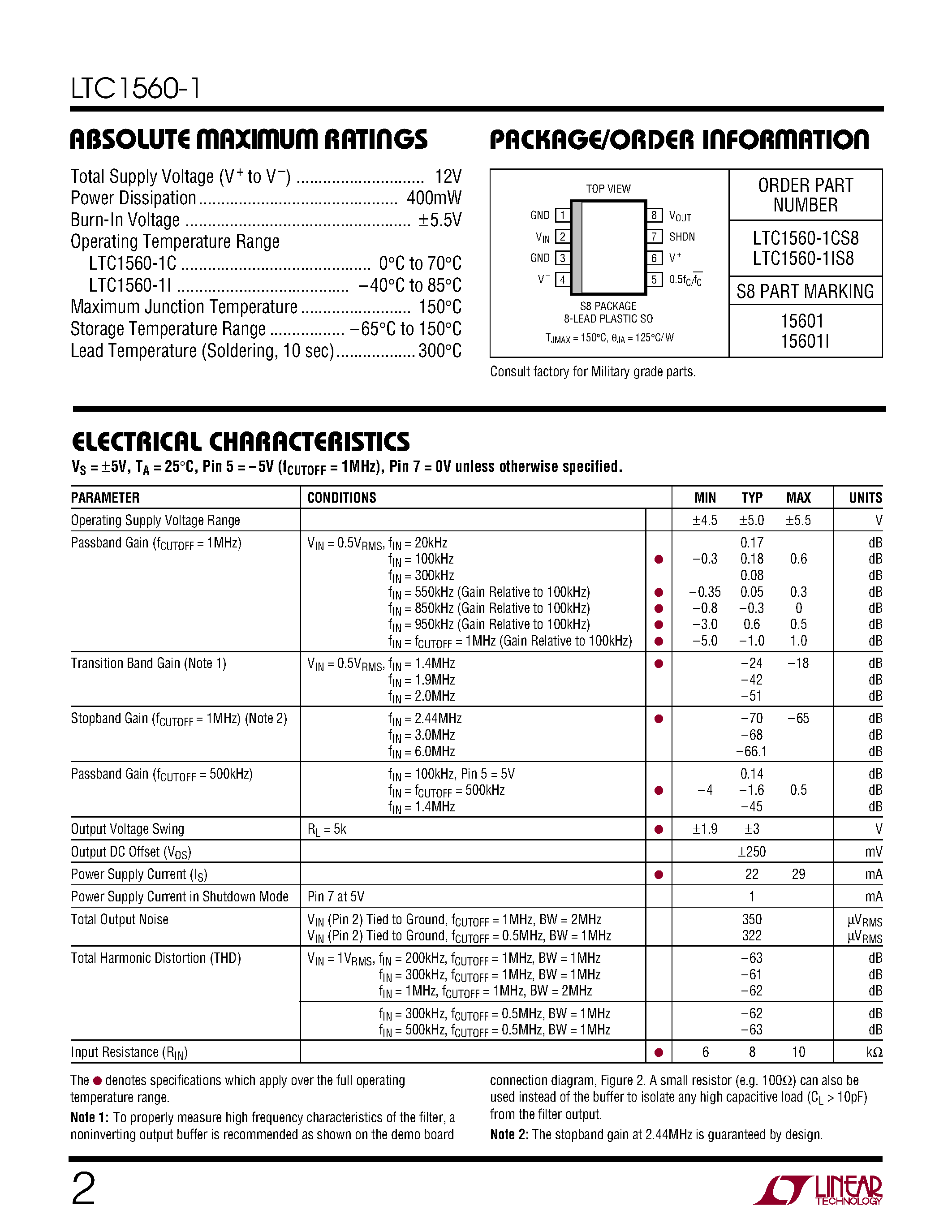 Даташит LTC1560-1 - 1MHz/500kHz Continuous Time/ Low Noise/ Lowpass Elliptic Filter страница 2