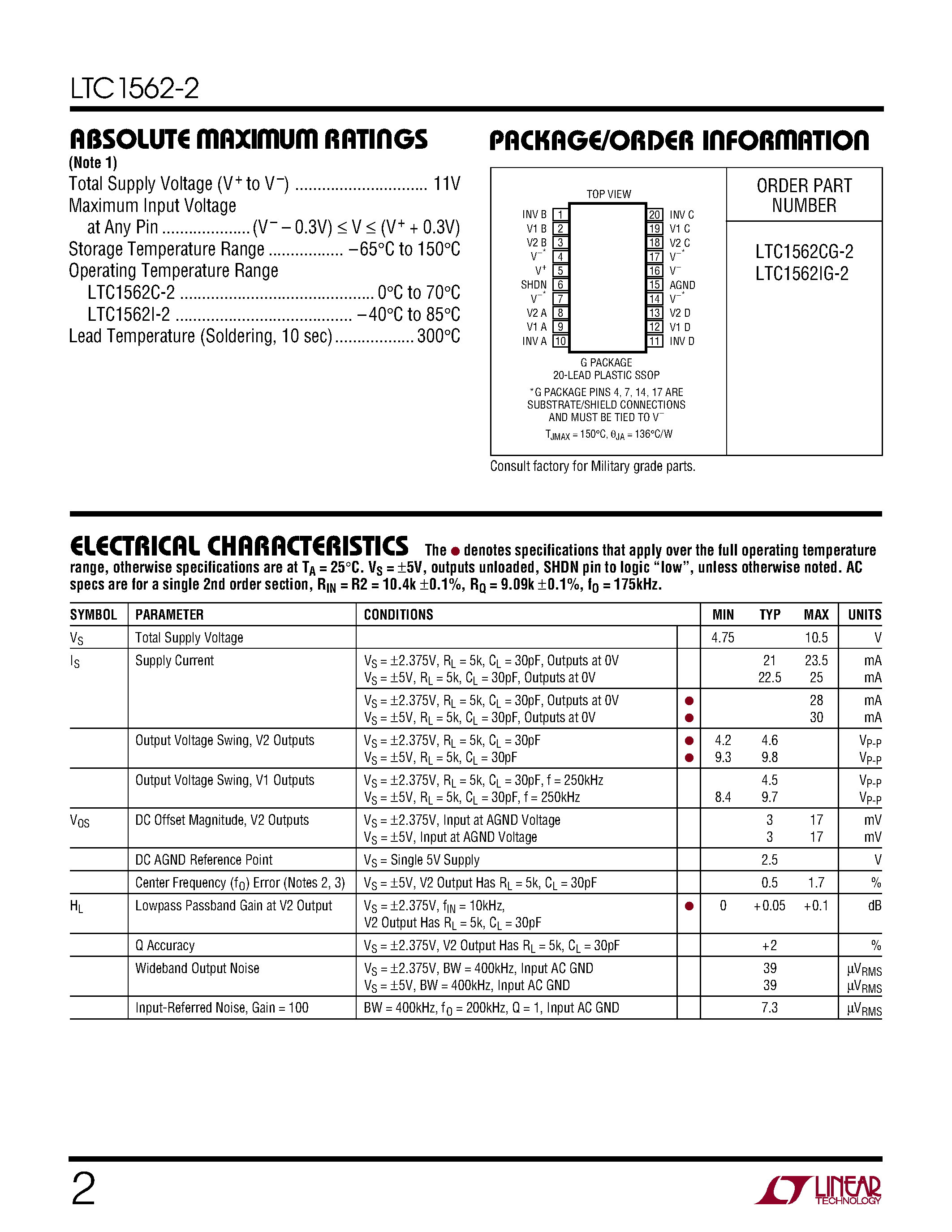Datasheet LTC1562CG-2 - Very Low Noise/ Low Distortion Active RC Quad Universal Filter page 2