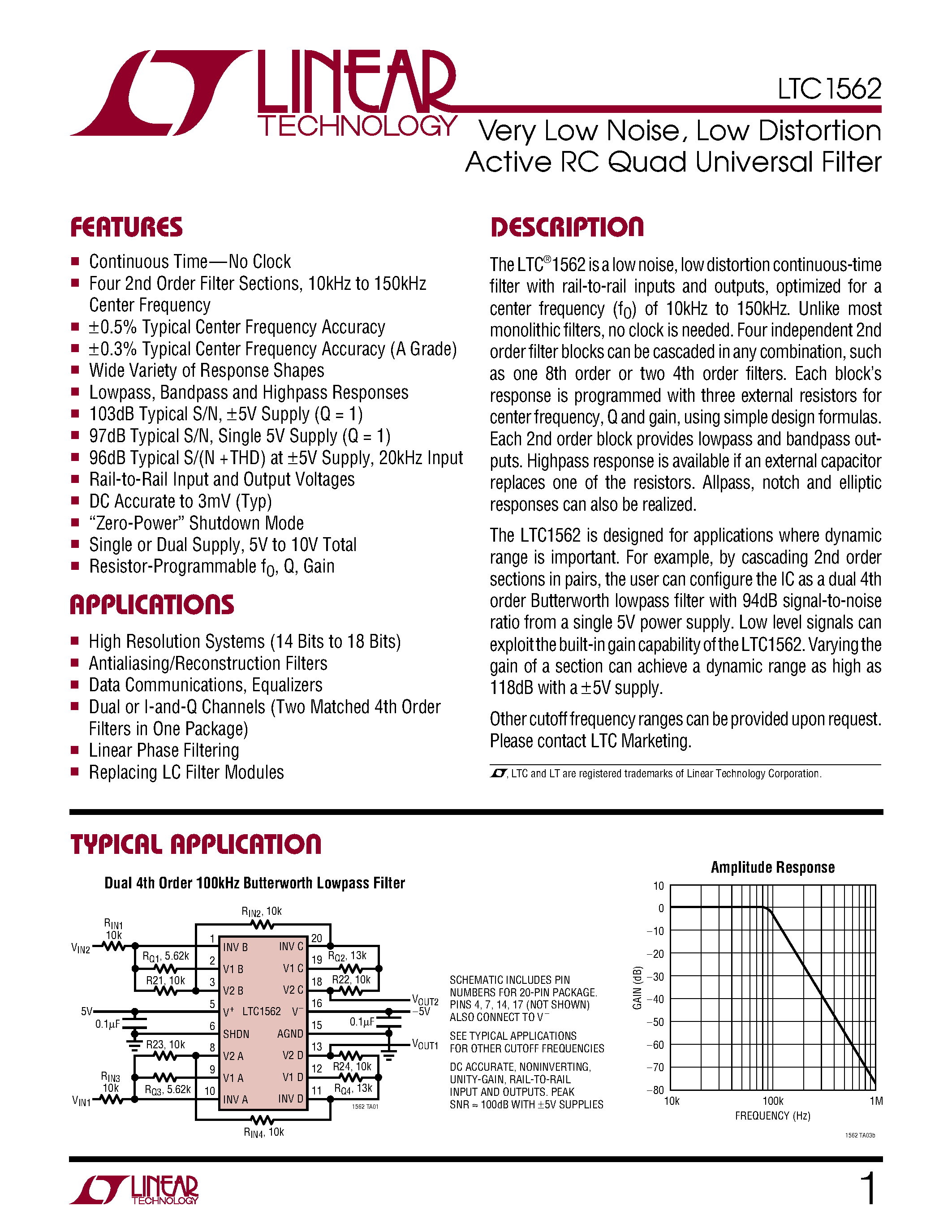 Даташит LTC1562I - Very Low Noise/ Low Distortion Active RC Quad Universal Filter страница 1
