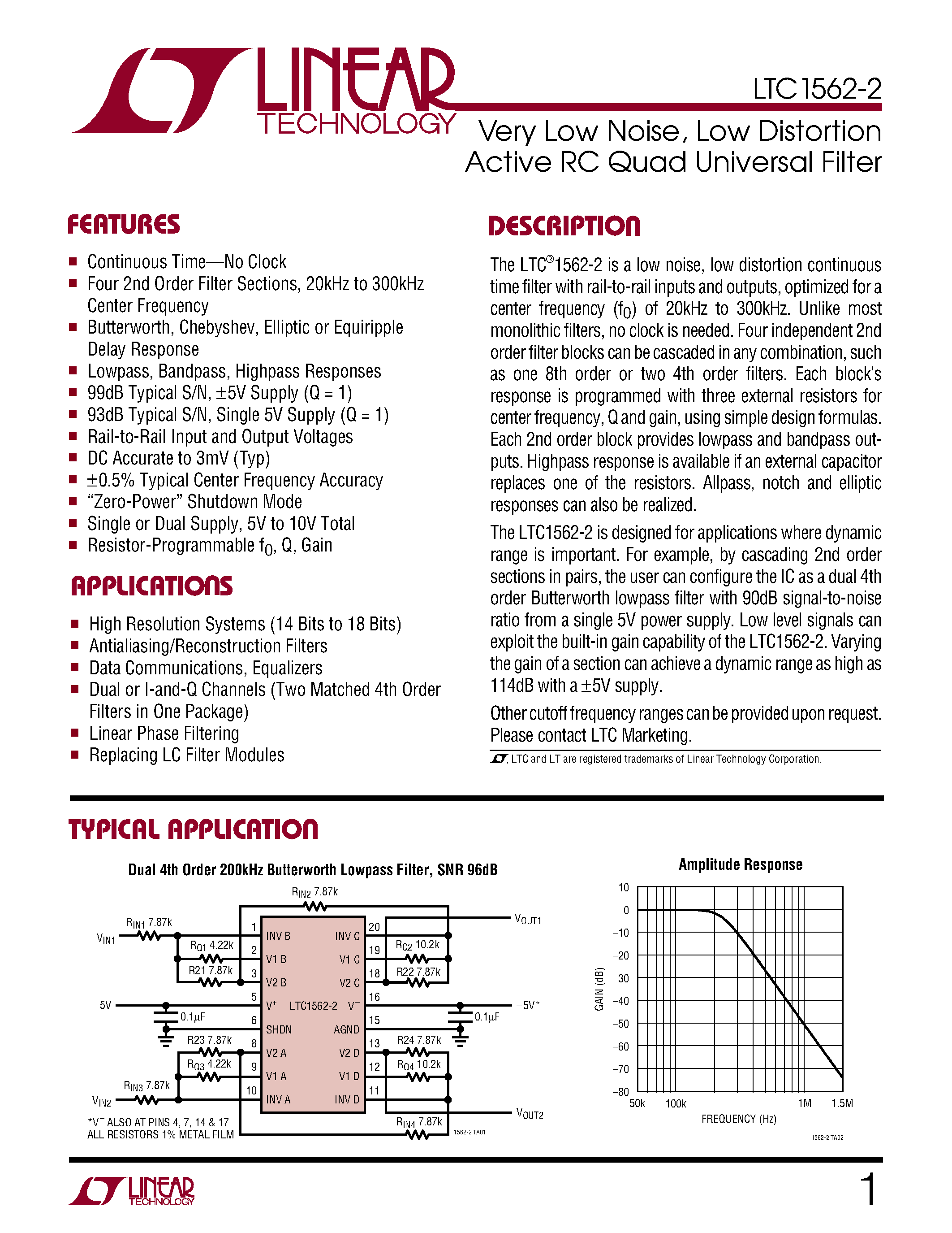 Datasheet LTC1562IG-2 - Very Low Noise/ Low Distortion Active RC Quad Universal Filter page 1