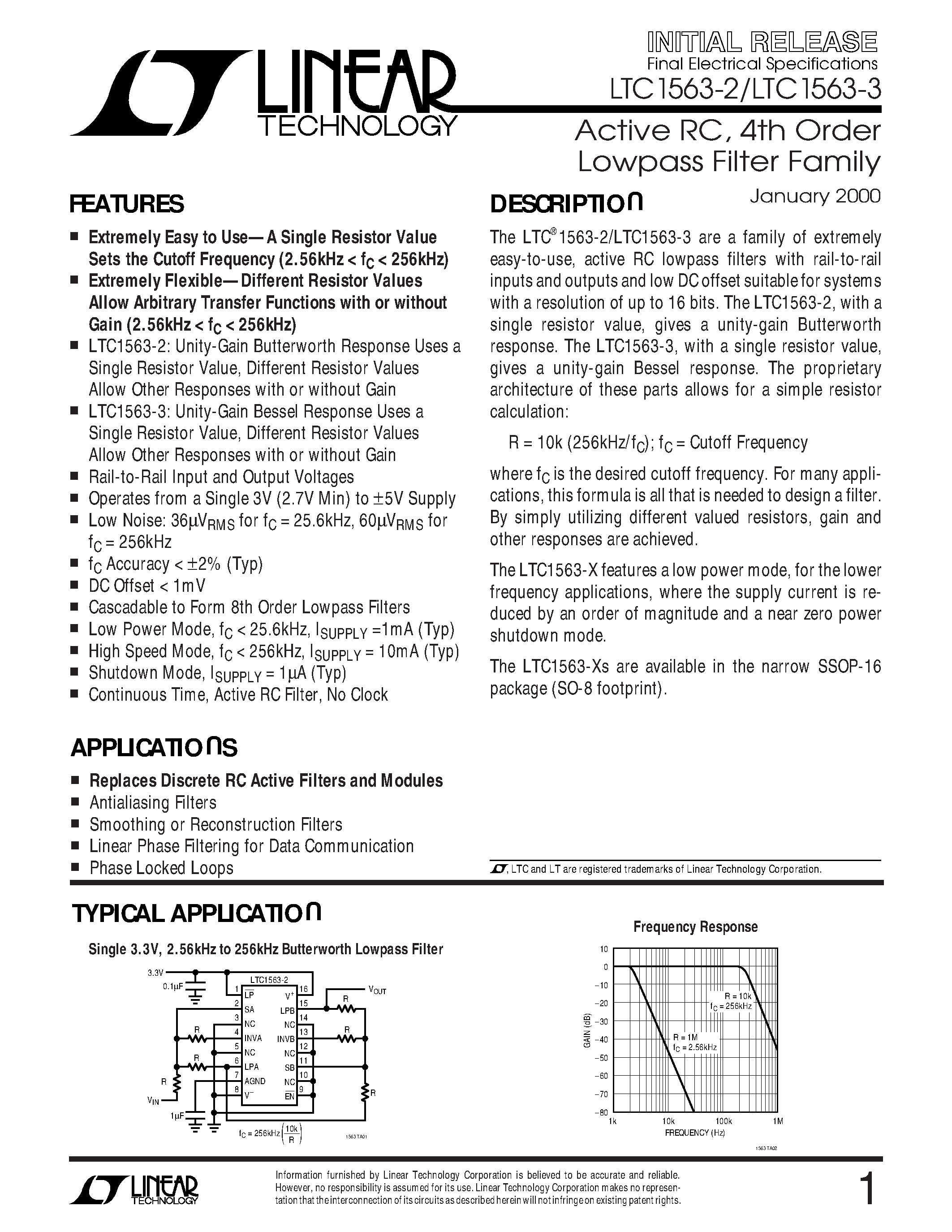 Даташит LTC1563-2CGN - Active RC/ 4th Order Lowpass Filter Family страница 1