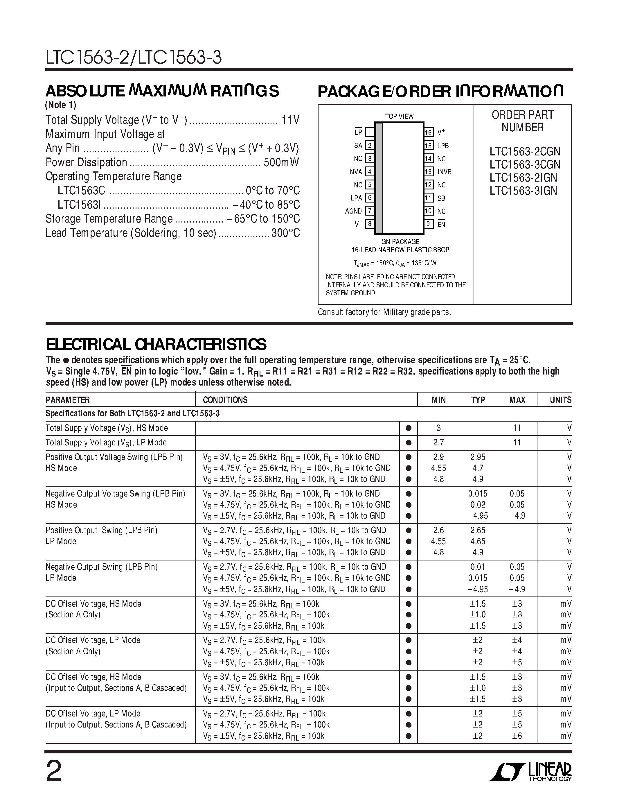 Даташит LTC1563-2CGN - Active RC/ 4th Order Lowpass Filter Family страница 2