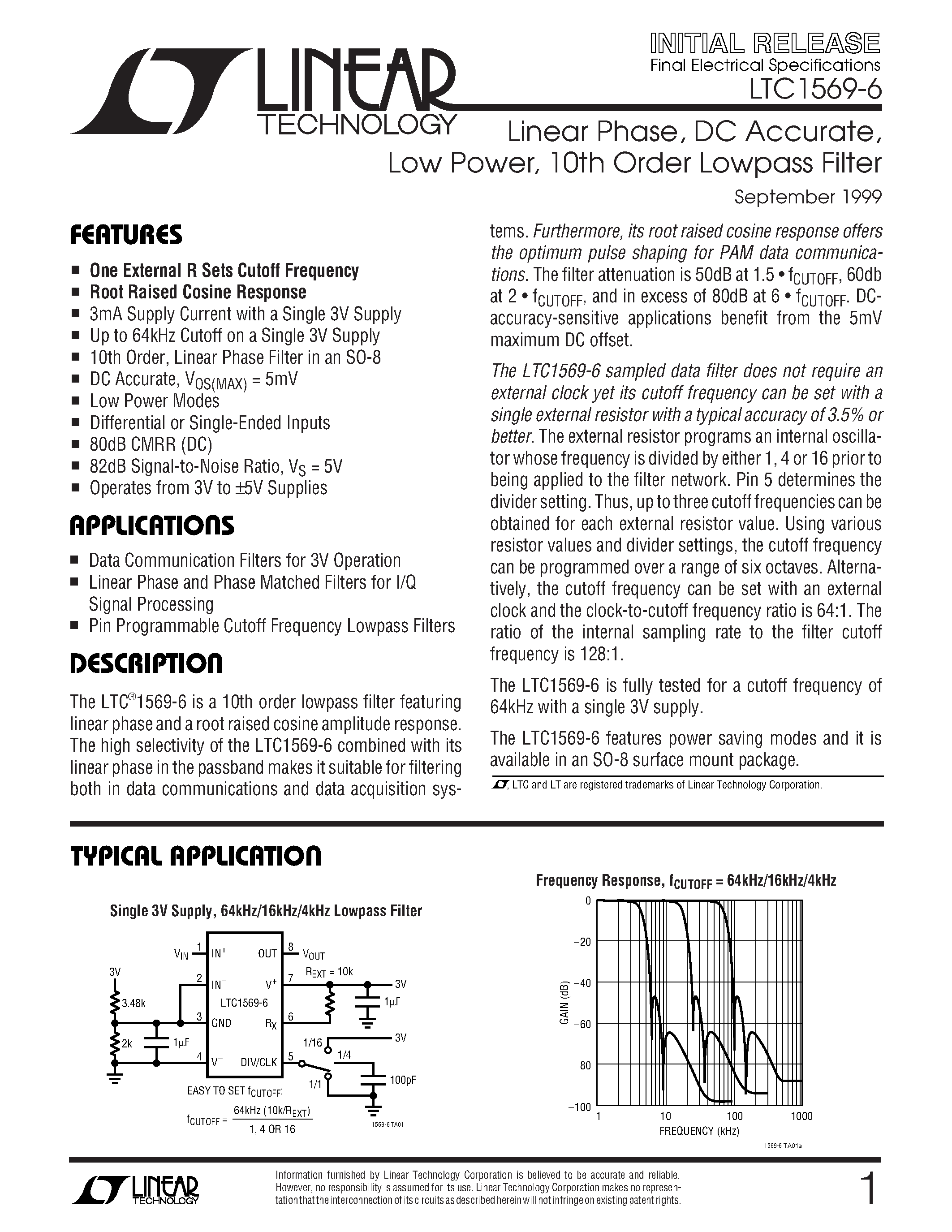 Datasheet LTC1569-6 page 1 Datasheet LTC1569-6 - Linear Phase/ DC Accurate/ Low Power/ 10th Order Lowpass Filter page 1