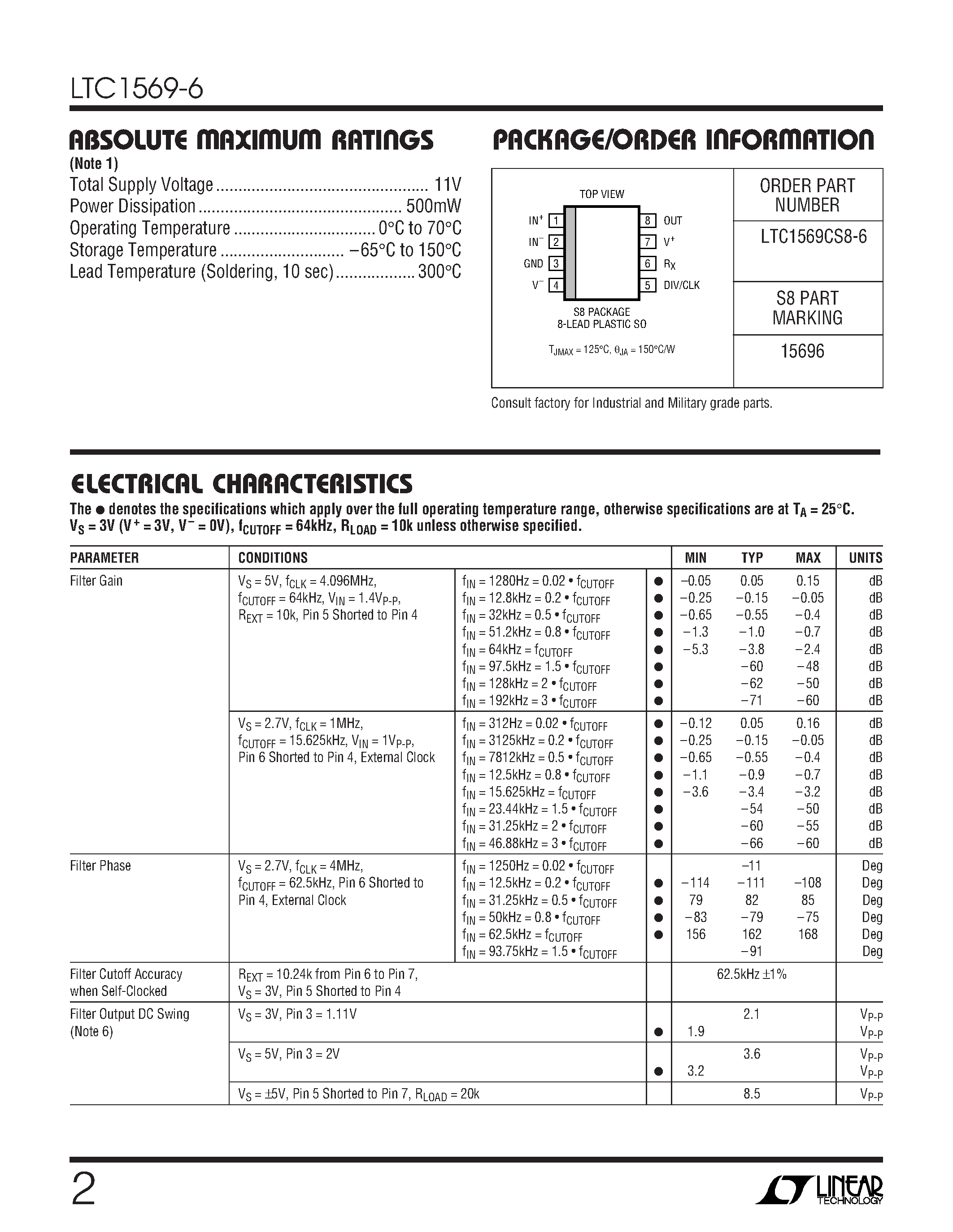 Datasheet LTC1569CS8-6 page 2 Datasheet LTC1569CS8-6 - Linear Phase/ DC Accurate/ Low Power/ 10th Order Lowpass Filter page 2