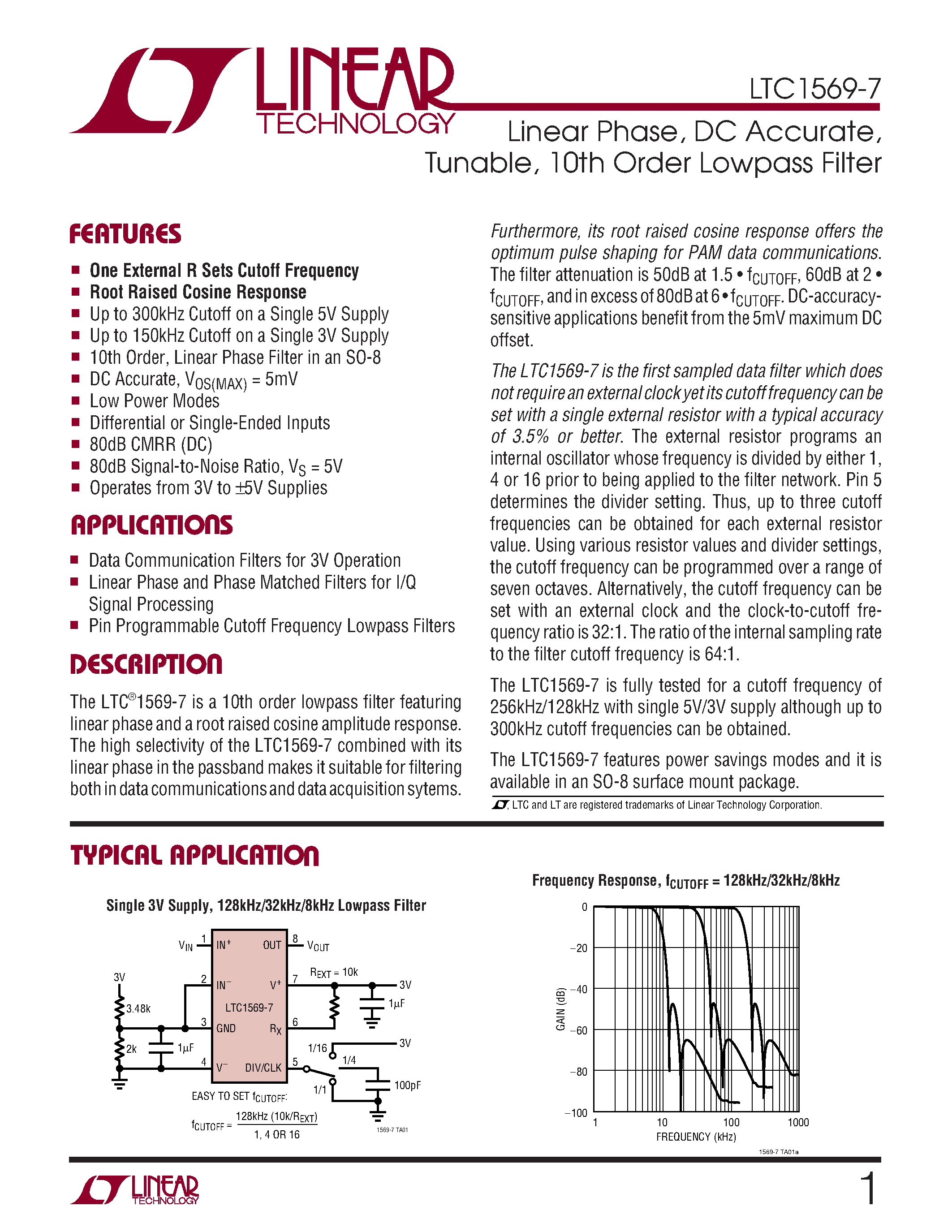 Datasheet LTC1569IS8-7 - Linear Phase/ DC Accurate/ Tunable/ 10th Order Lowpass Filter page 1