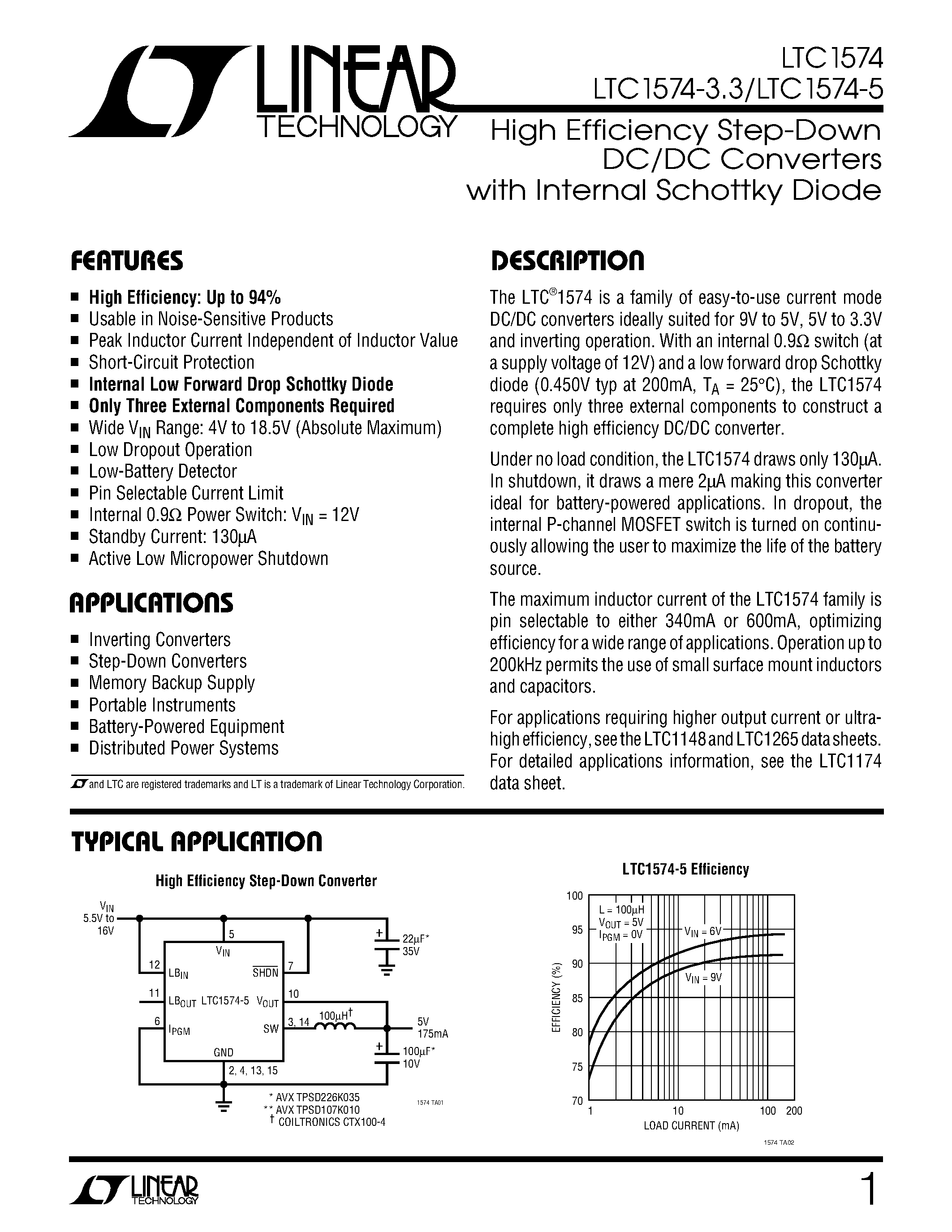 Datasheet LTC1574-3.3 - High Efficiency Step-Down DC/DC Converters with Internal Schottky Diode page 1