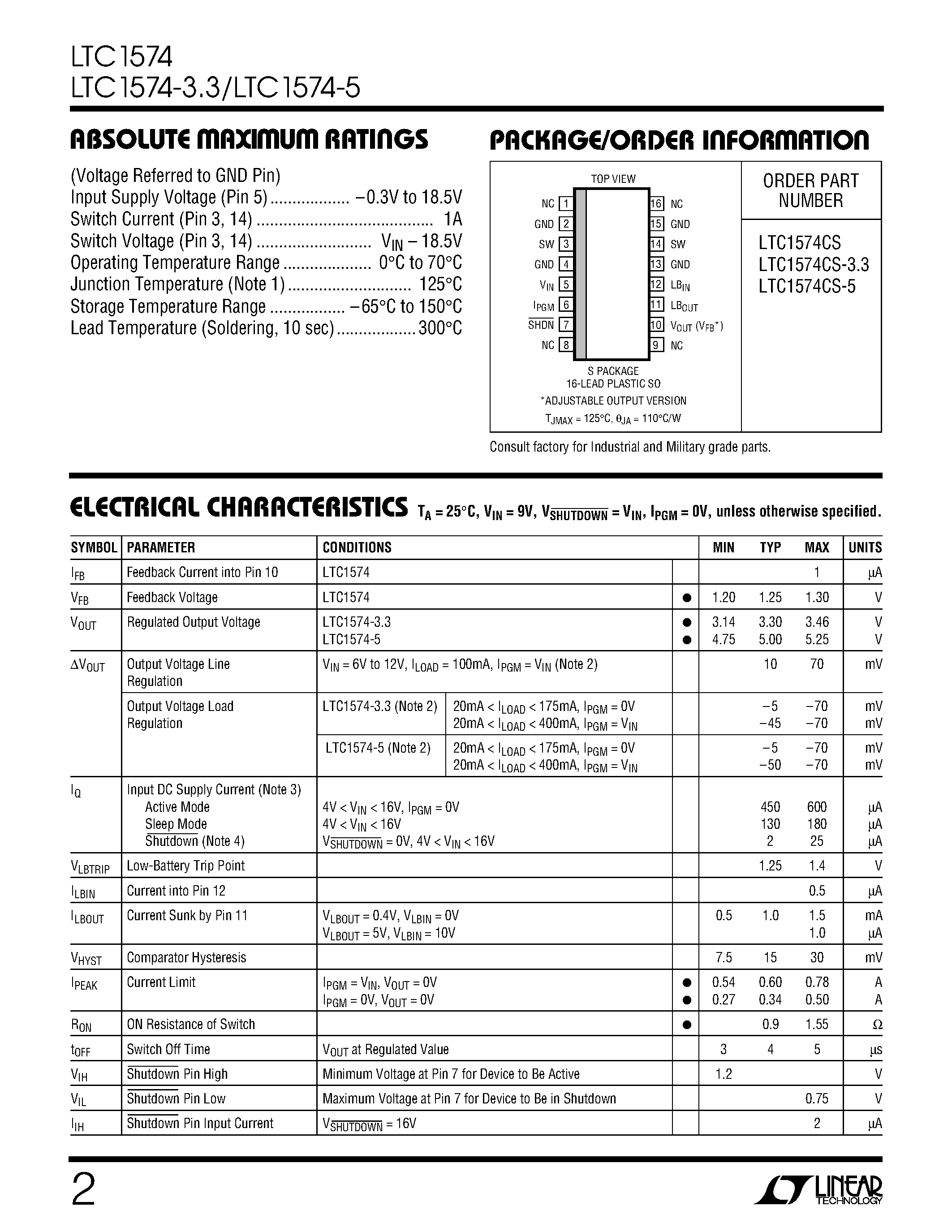 Datasheet LTC1574-3.3 - High Efficiency Step-Down DC/DC Converters with Internal Schottky Diode page 2