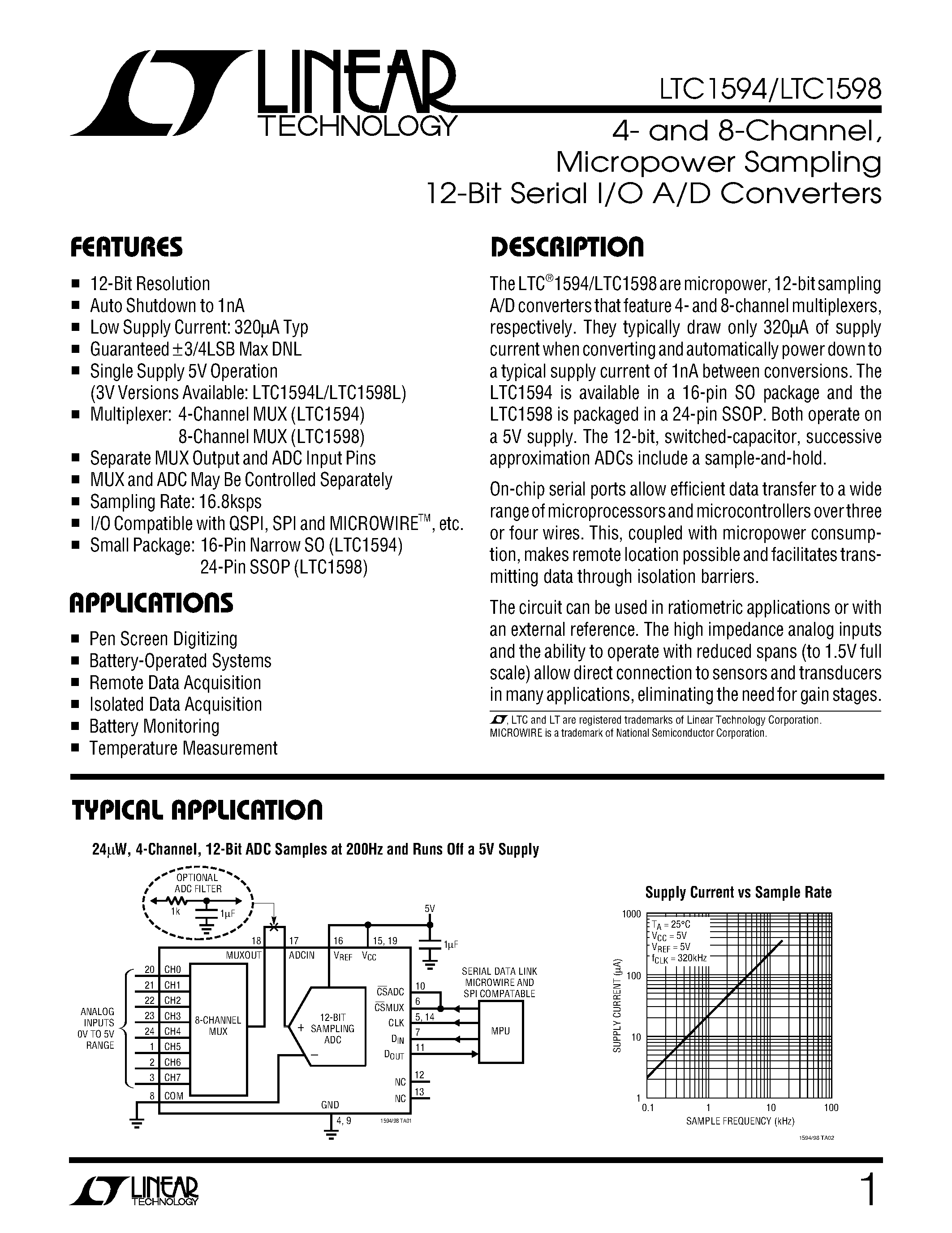 Datasheet LTC1594IS - 4- and 8-Channel/ Micropower Sampling 12-Bit Serial I/O A/D Converters page 1