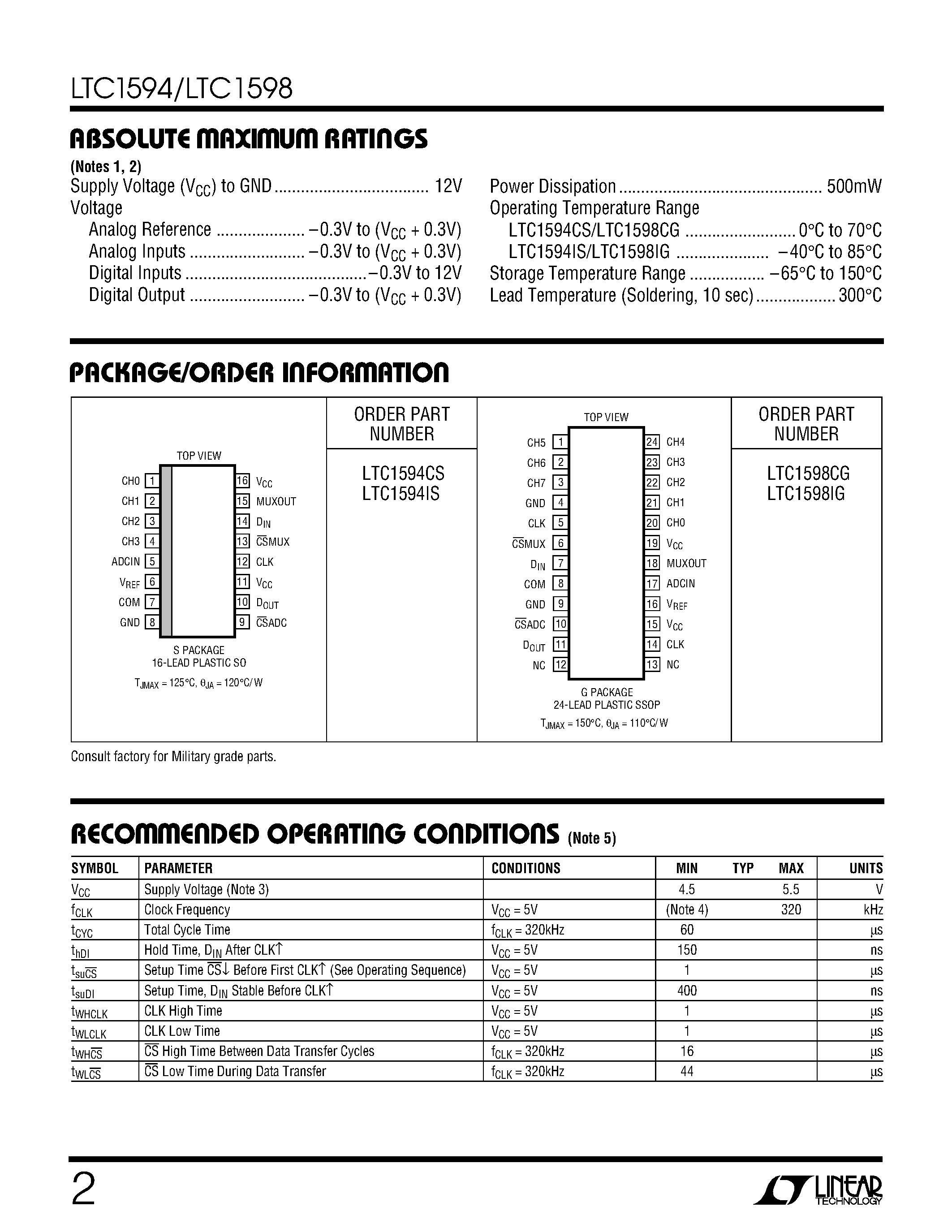 Datasheet LTC1594IS - 4- and 8-Channel/ Micropower Sampling 12-Bit Serial I/O A/D Converters page 2