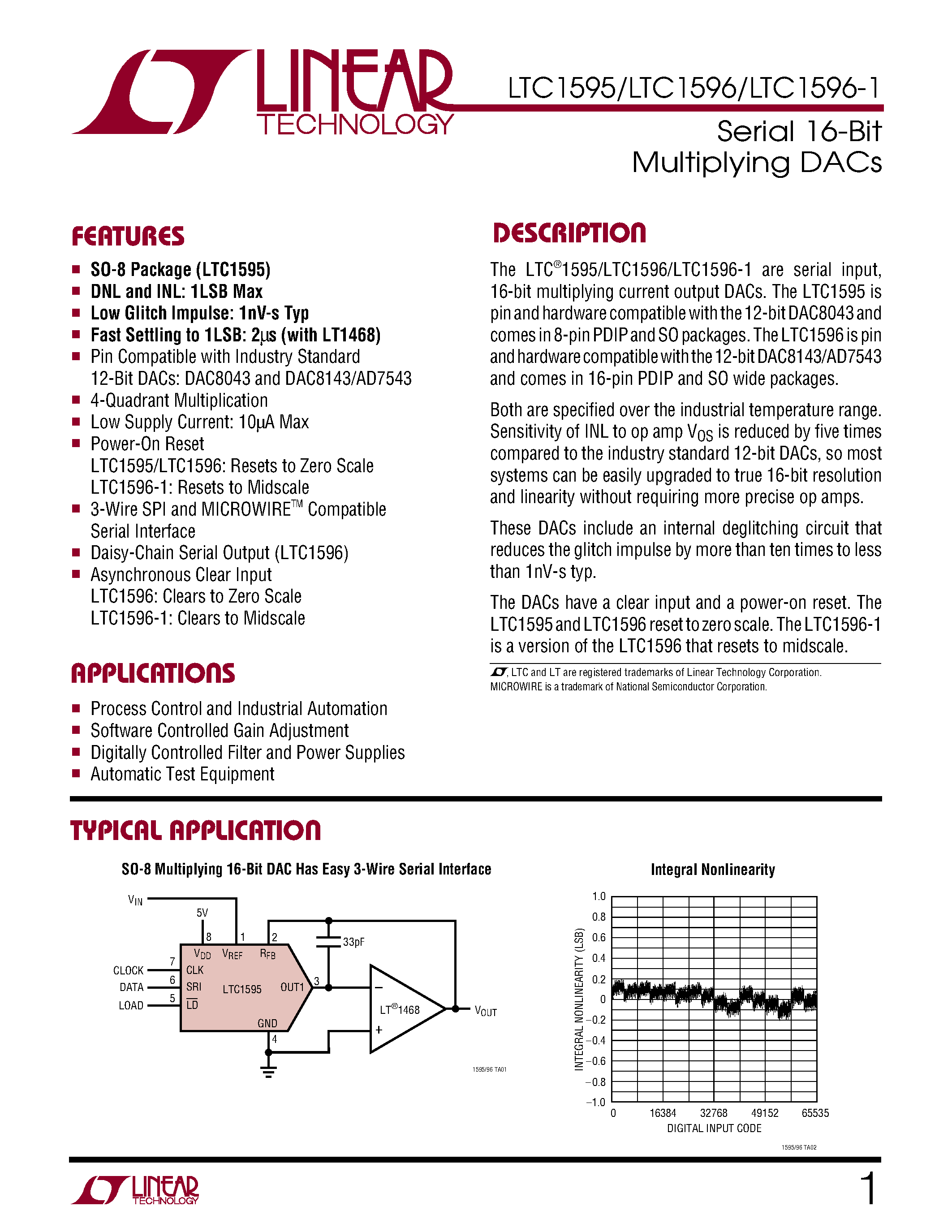 Datasheet LTC1596-1BIN page 1 Datasheet LTC1596-1BIN - Serial 16-Bit Multiplying DACs page 1