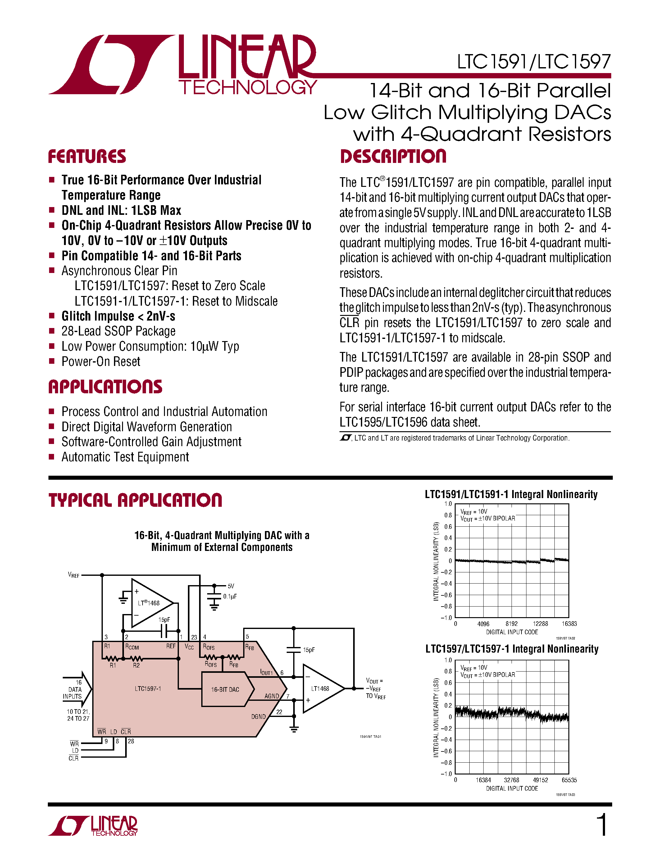 Datasheet LTC1597 - 14-Bit and 16-Bit Parallel Low Glitch Multiplying DACs with 4-Quadrant Resistors page 1