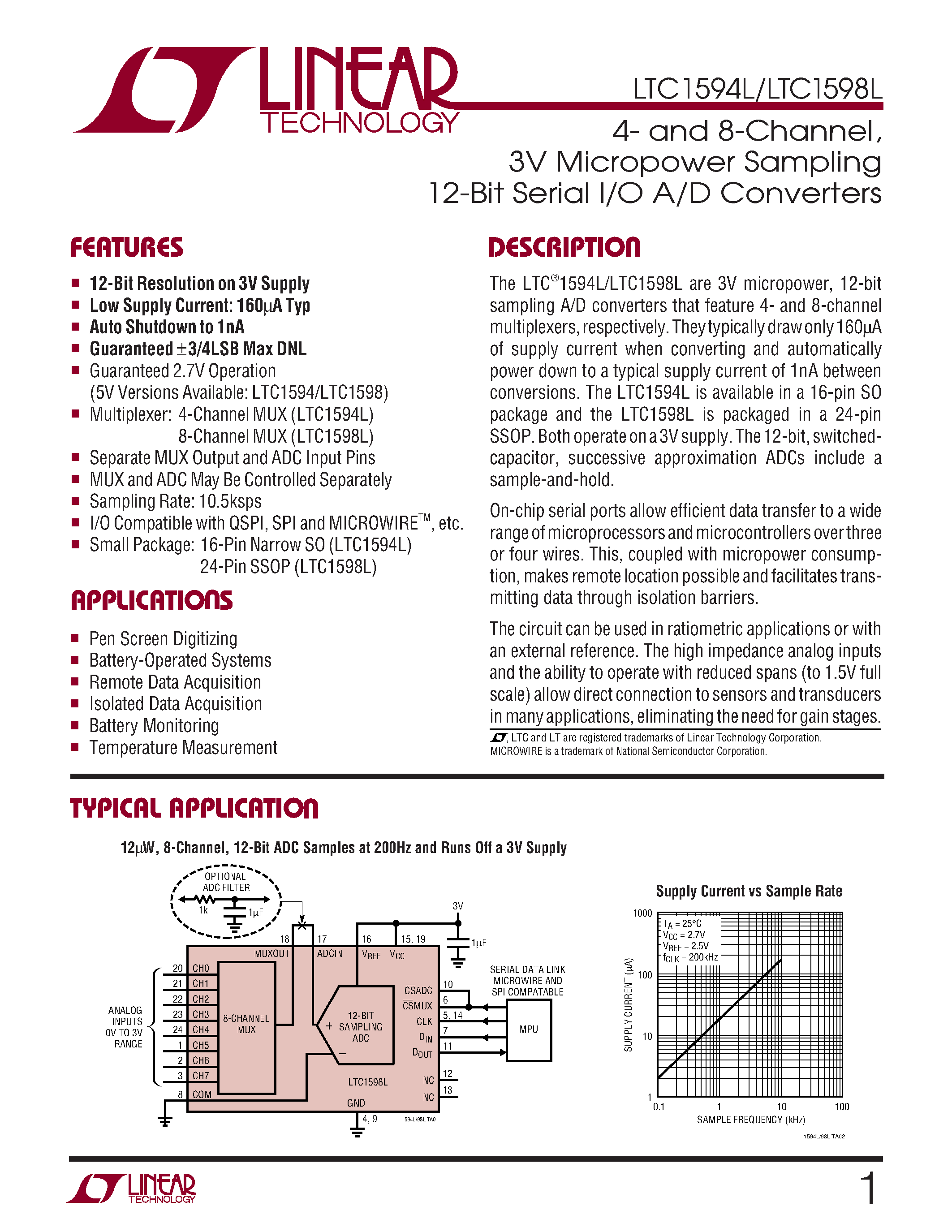 Datasheet LTC1598LIG - 4- and 8-Channel/ 3V Micropower Sampling 12-Bit Serial I/O A/D Converters page 1