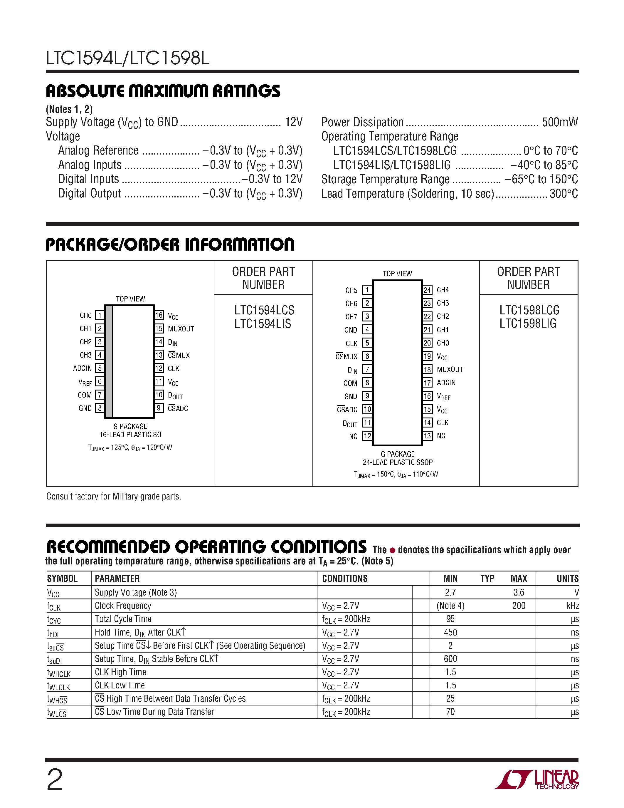 Datasheet LTC1598LIG - 4- and 8-Channel/ 3V Micropower Sampling 12-Bit Serial I/O A/D Converters page 2