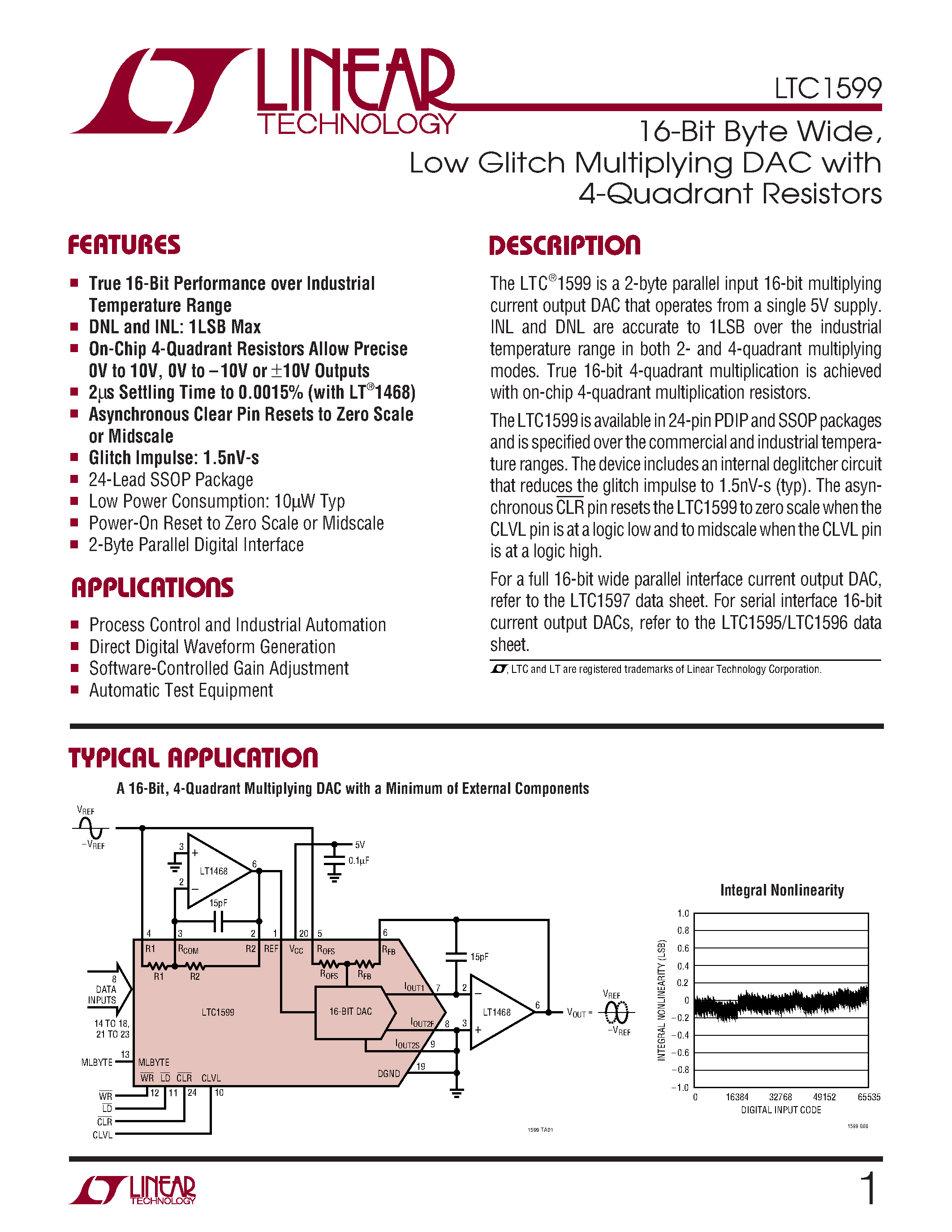 Даташит LTC1599C - 16-Bit Byte Wide/ Low Glitch Multiplying DAC with 4-Quadrant Resistors страница 1