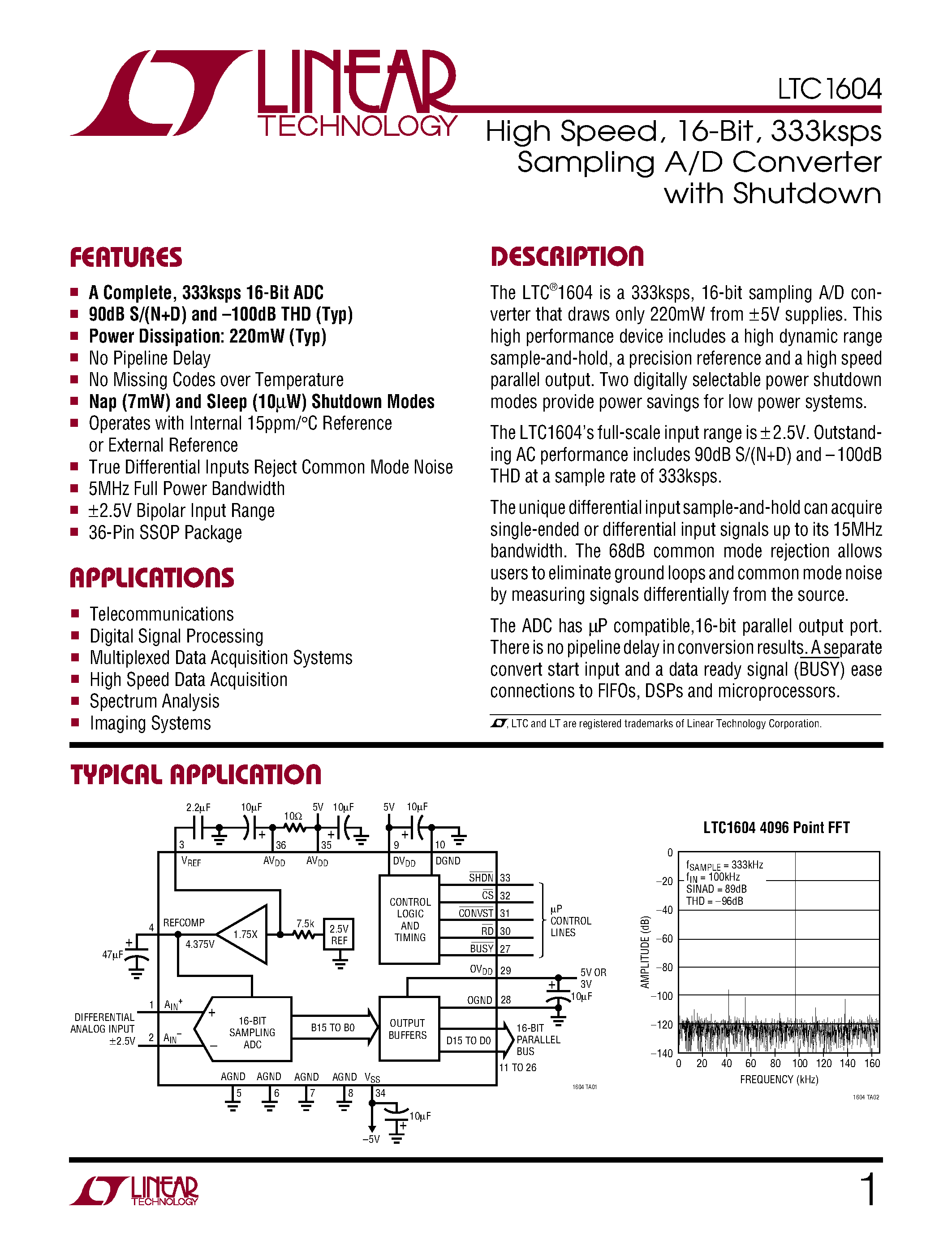 Даташит LTC1604CG - High Speed/ 16-Bit/ 333ksps Sampling A/D Converter with Shutdown страница 1