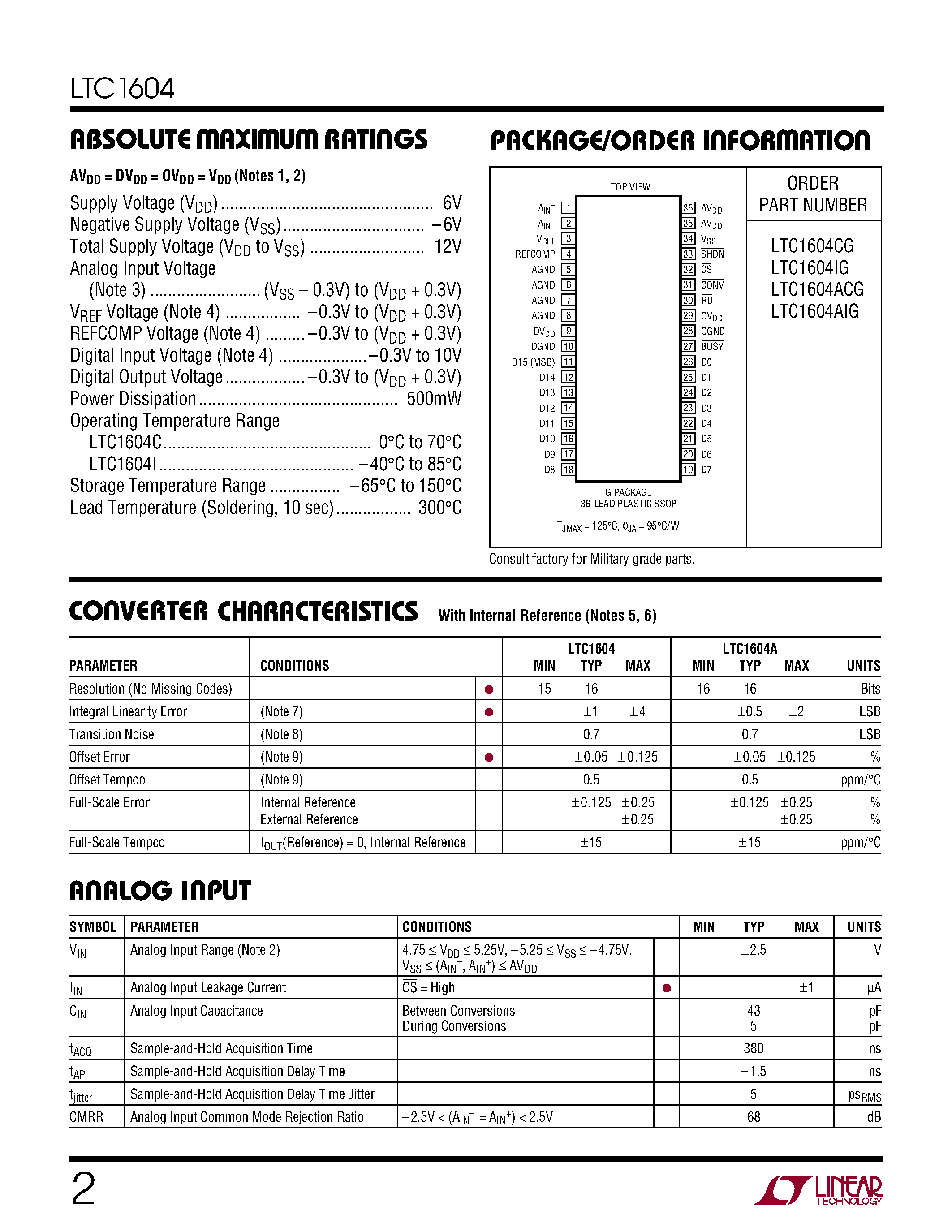 Даташит LTC1604IG - High Speed/ 16-Bit/ 333ksps Sampling A/D Converter with Shutdown страница 2