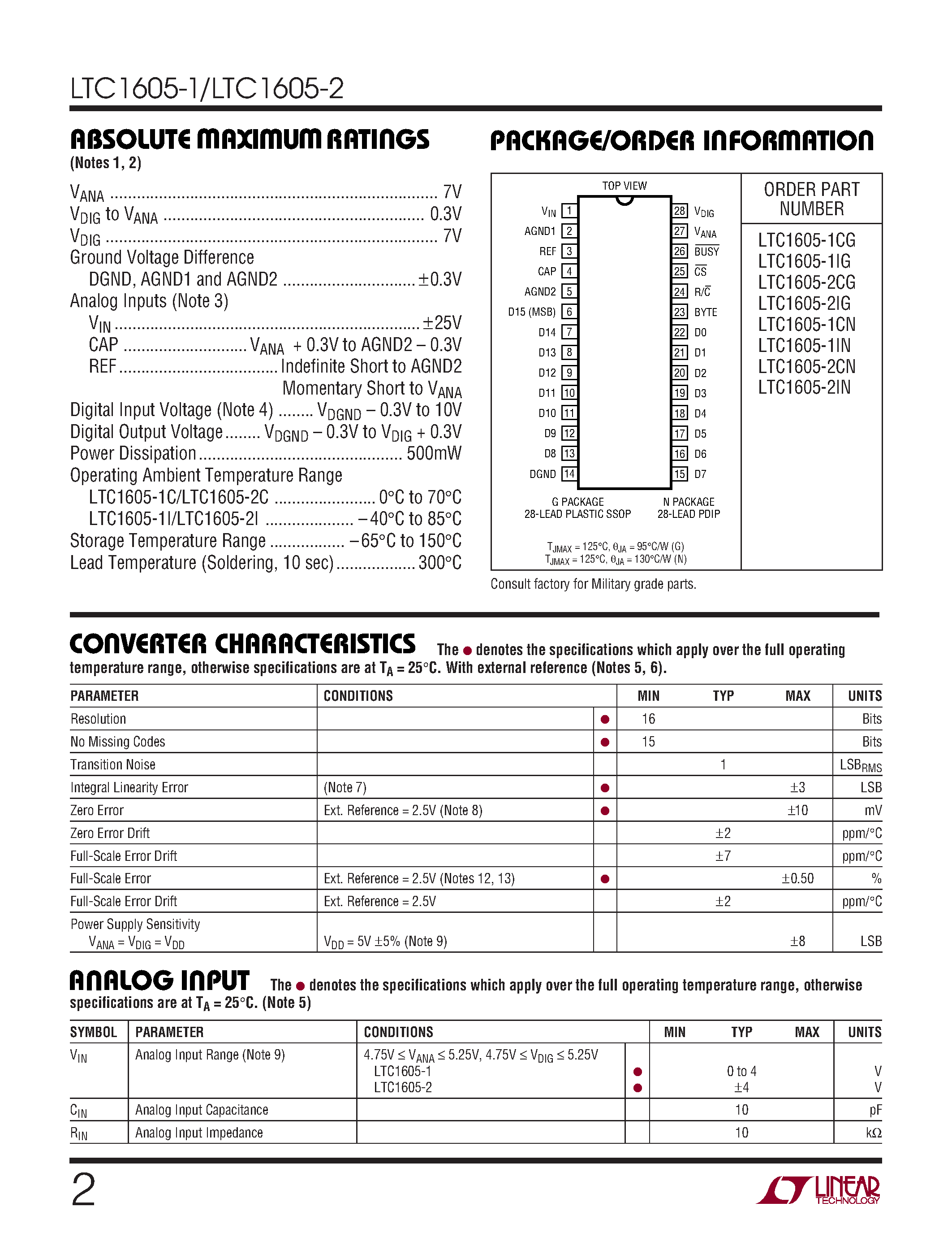 Даташит LTC1605-1C - Single Supply 16-Bit/ 100ksps/ Sampling ADCs страница 2