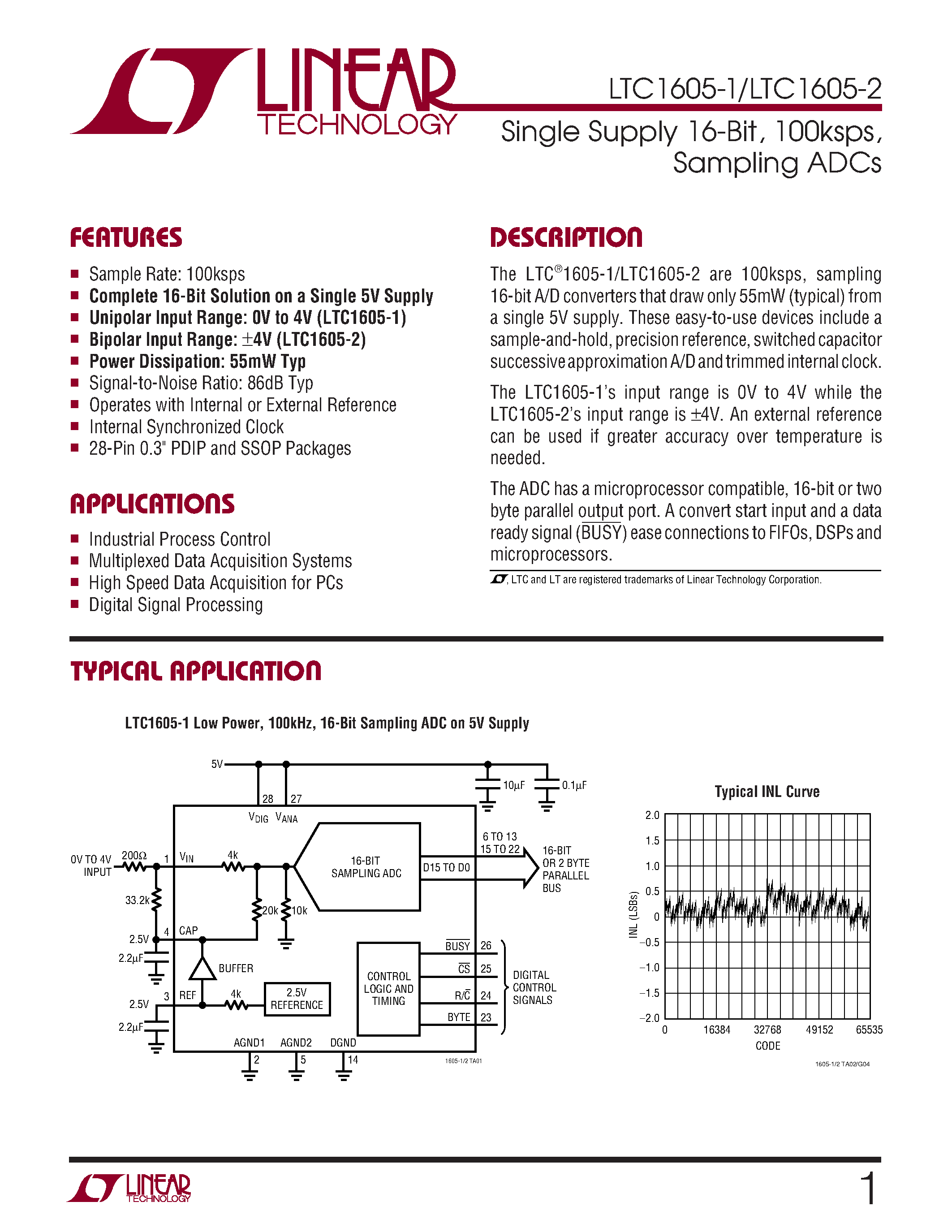 Даташит LTC1605-1CN - Single Supply 16-Bit/ 100ksps/ Sampling ADCs страница 1