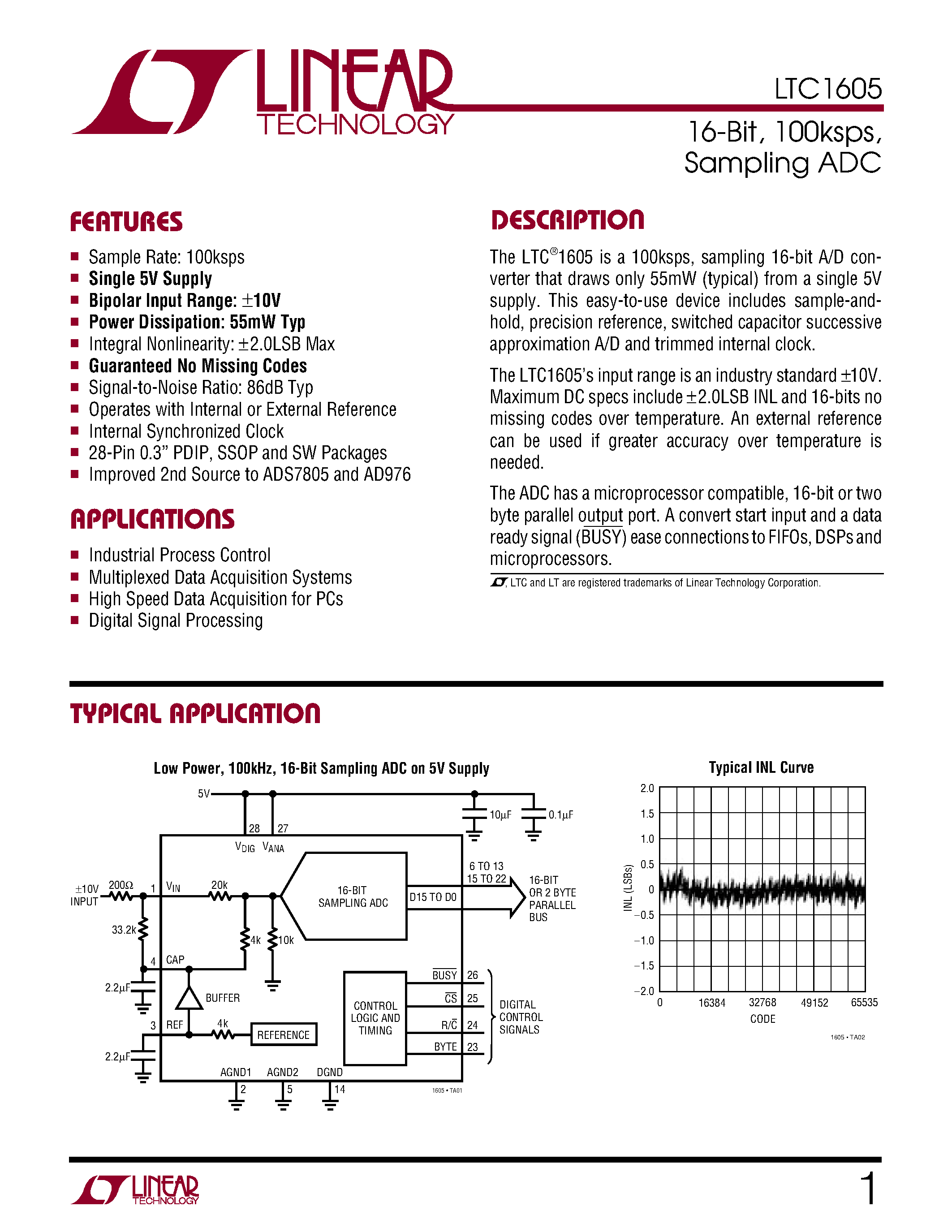 Datasheet LTC1605I - 16-Bit/ 100ksps/ Sampling ADC page 1