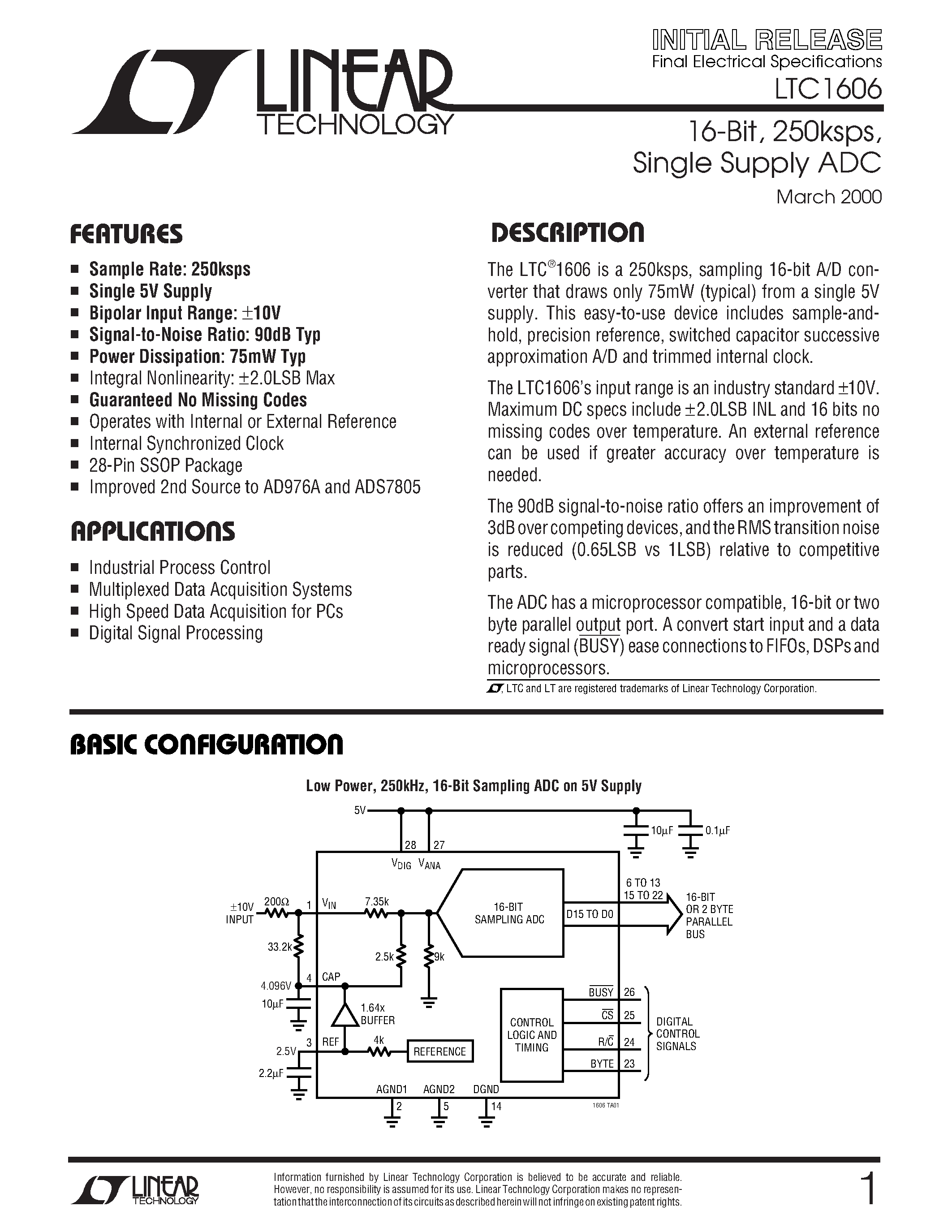 Datasheet LTC1606I - 16-Bit/ 250ksps/ Single Supply ADC page 1