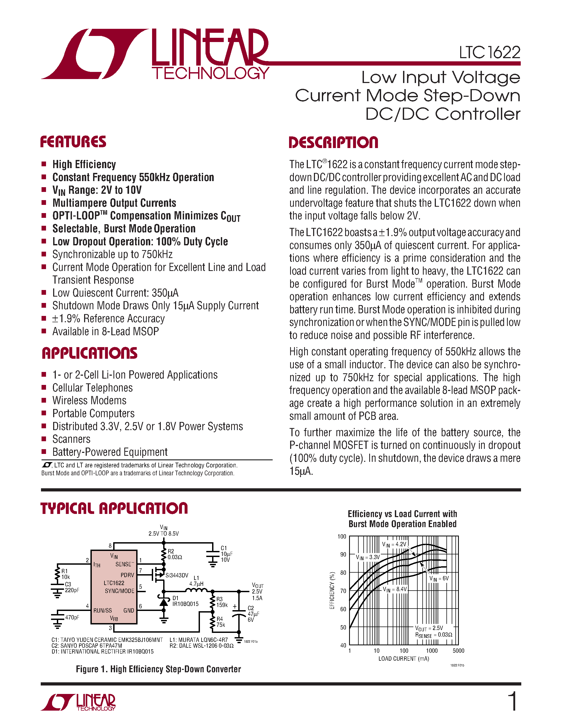 Datasheet LTC1622 page 1 Datasheet LTC1622 - Low Input Voltage Current Mode Step-Down DC/DC Controller page 1