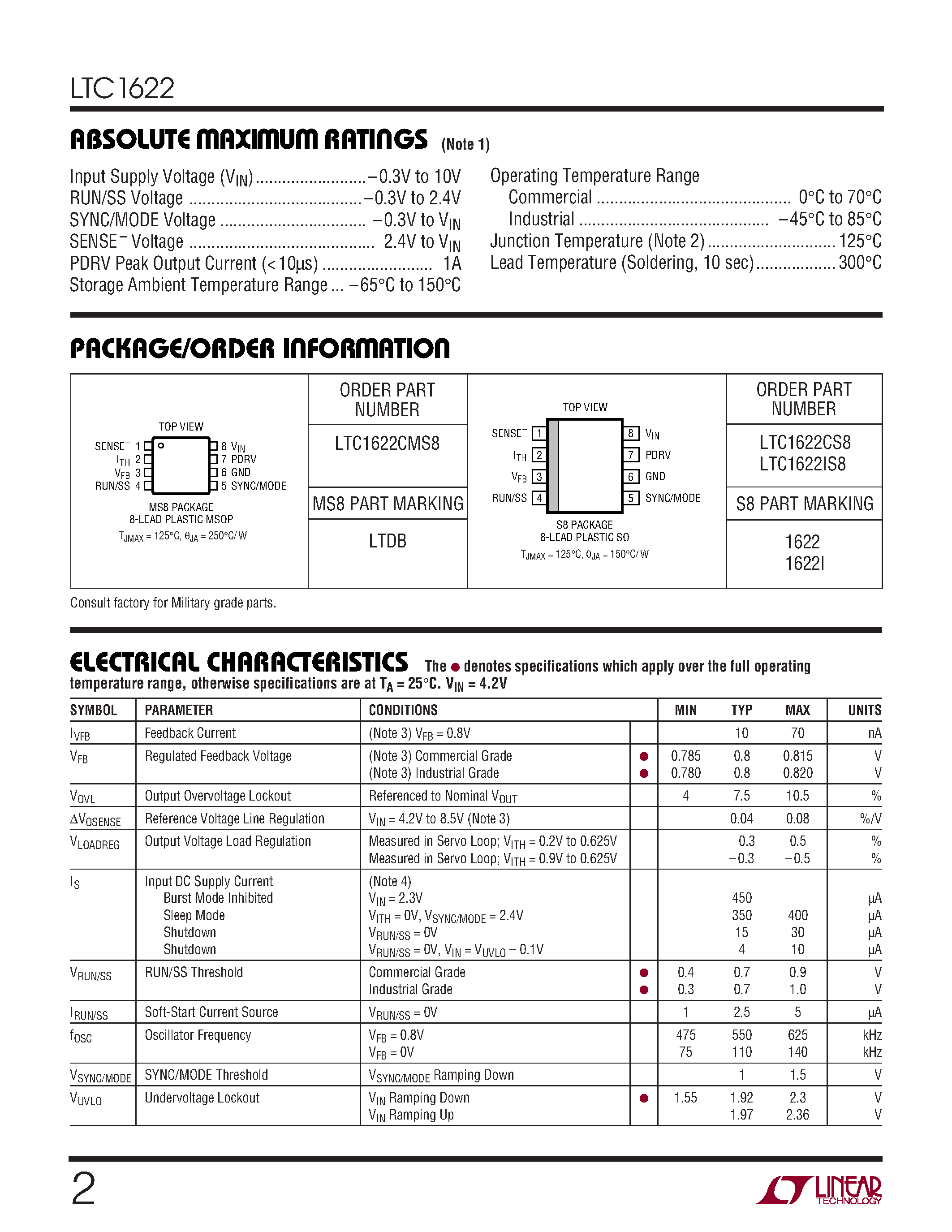 Datasheet LTC1622CS8 - Low Input Voltage Current Mode Step-Down DC/DC Controller page 2