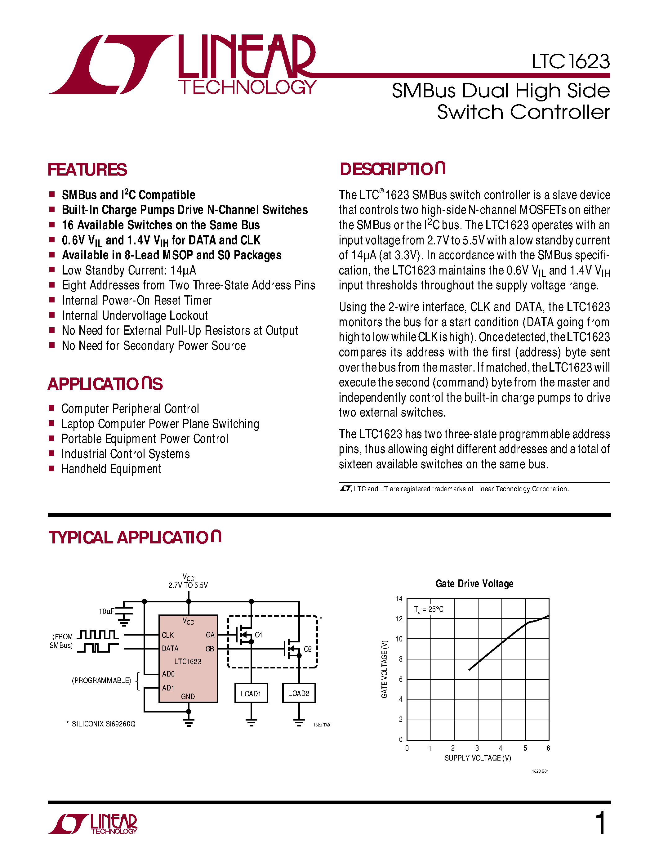 Даташит LTC1623CS8 - SMBus Dual High Side Switch Controller страница 1