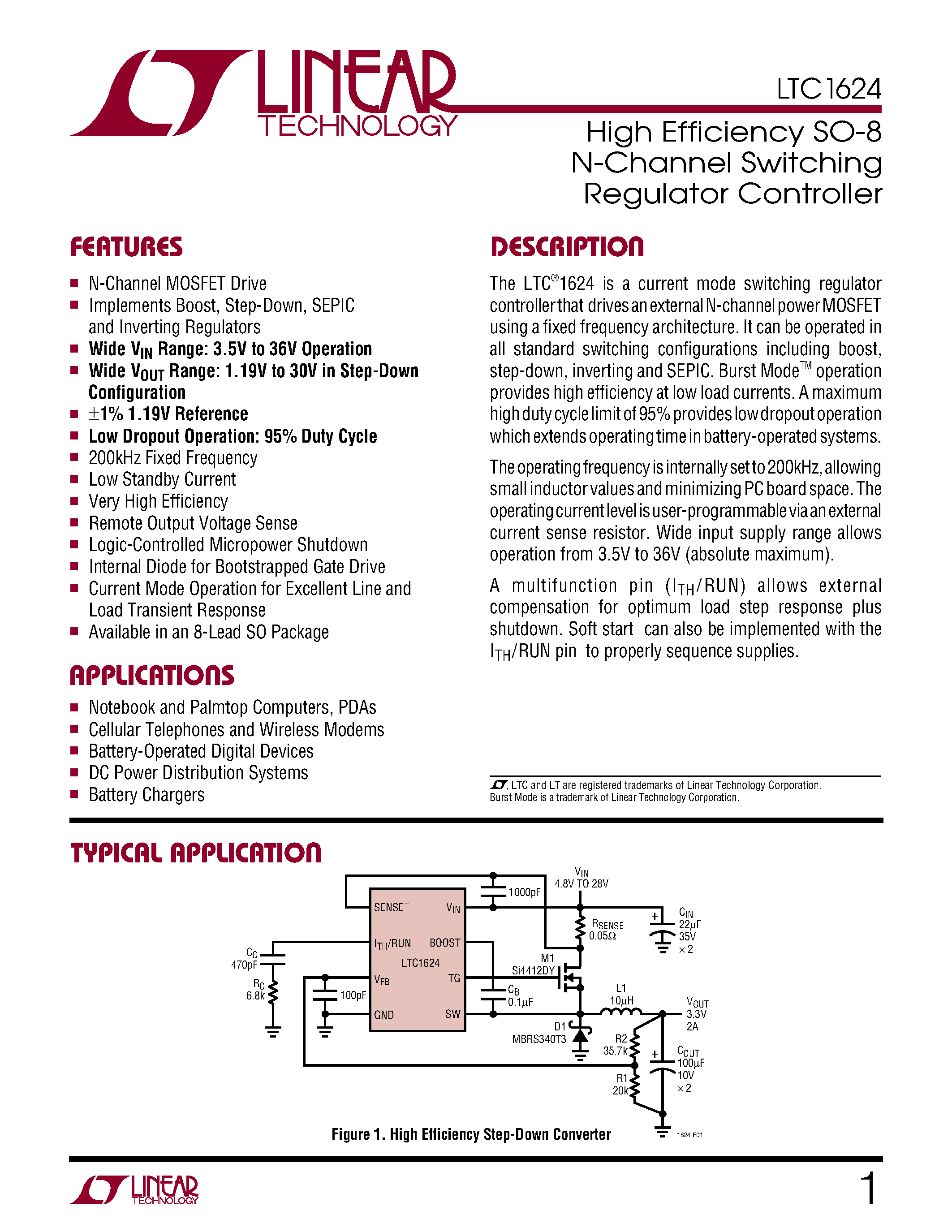 Datasheet LTC1624CS8 - High Efficiency SO-8 N-Channel Switching Regulator Controller page 1