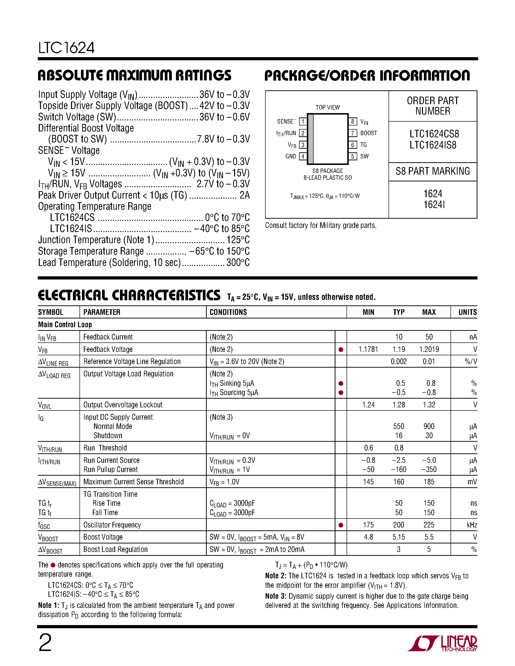 Datasheet LTC1624CS8 - High Efficiency SO-8 N-Channel Switching Regulator Controller page 2